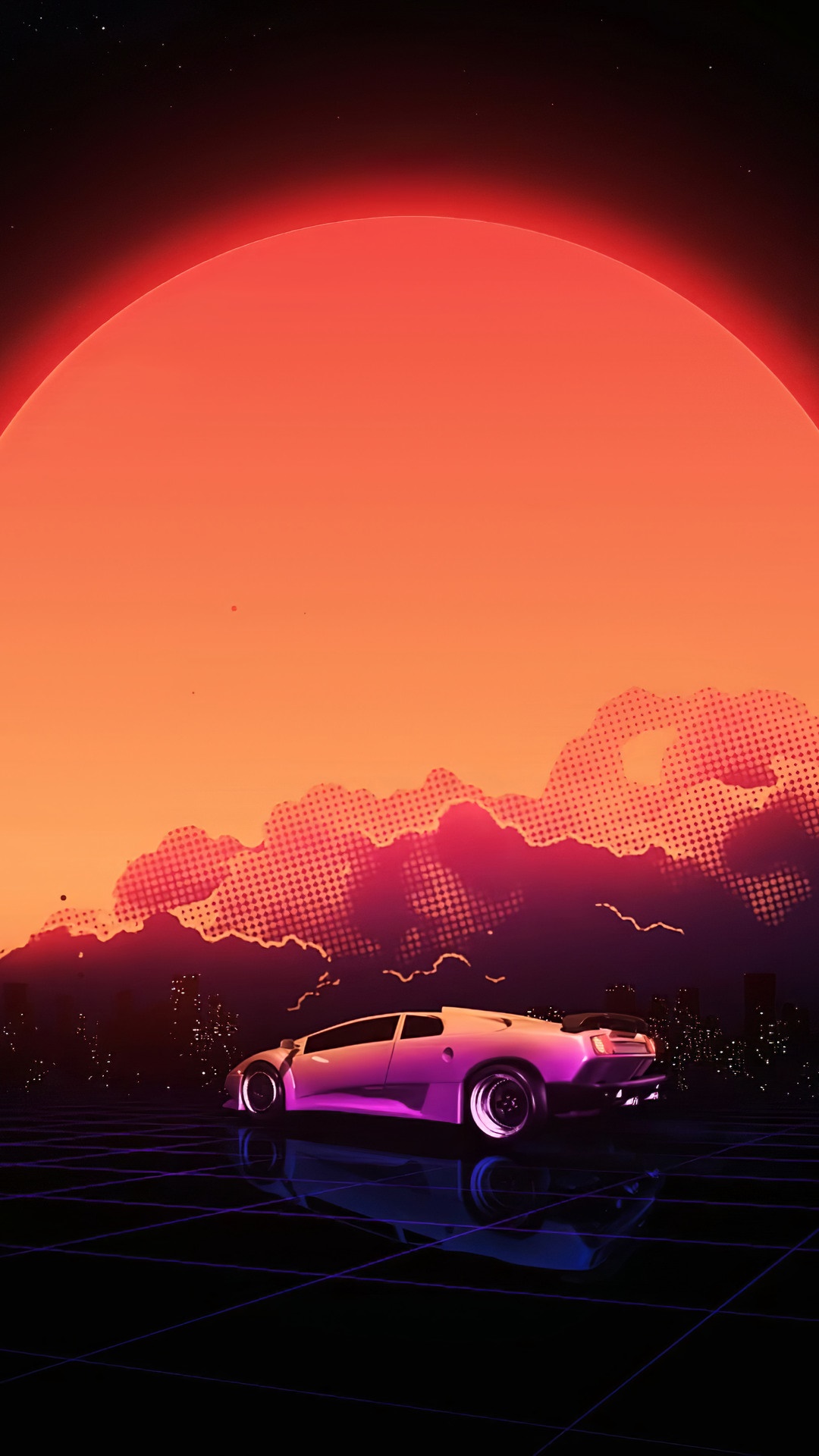 Sports car on a grid with a large sun and clouds HD Phone Wallpaper
