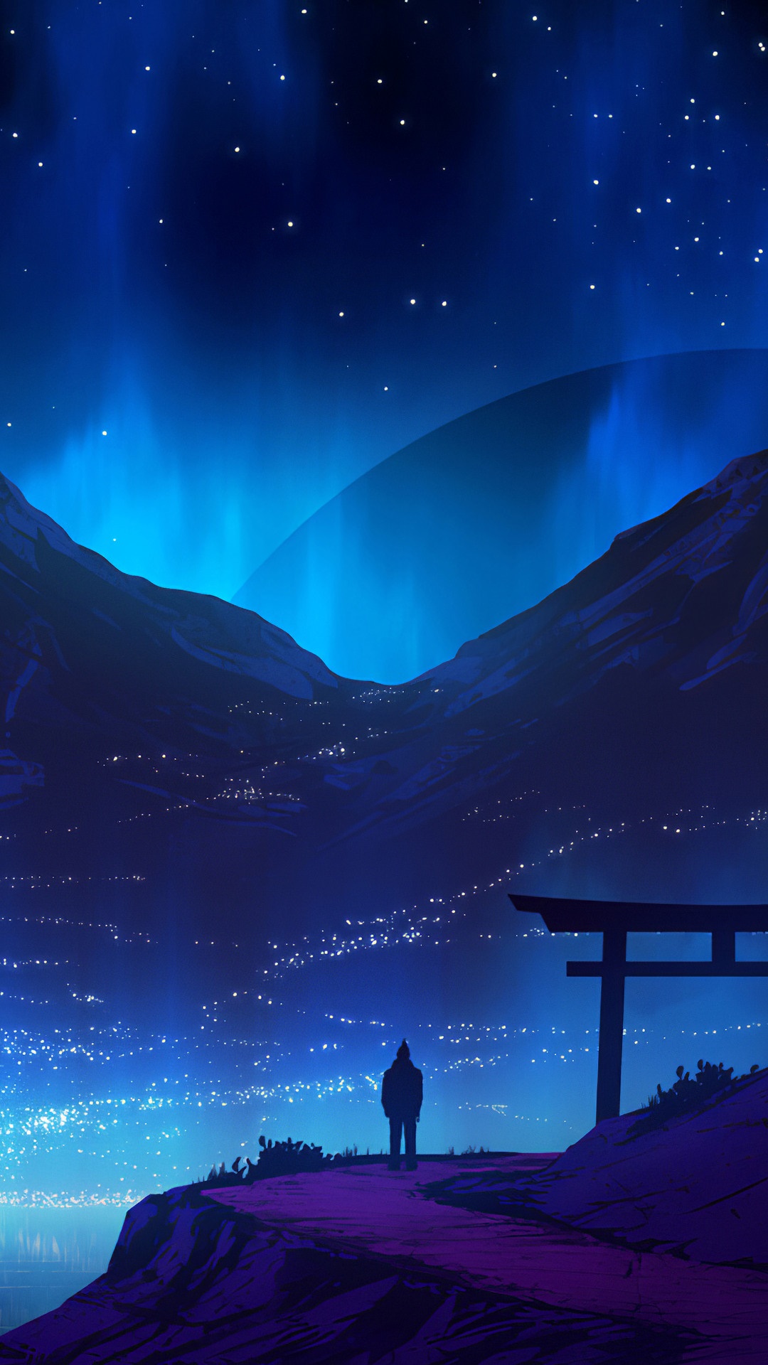 Silhouette of a person under the aurora borealis HD Phone Wallpaper