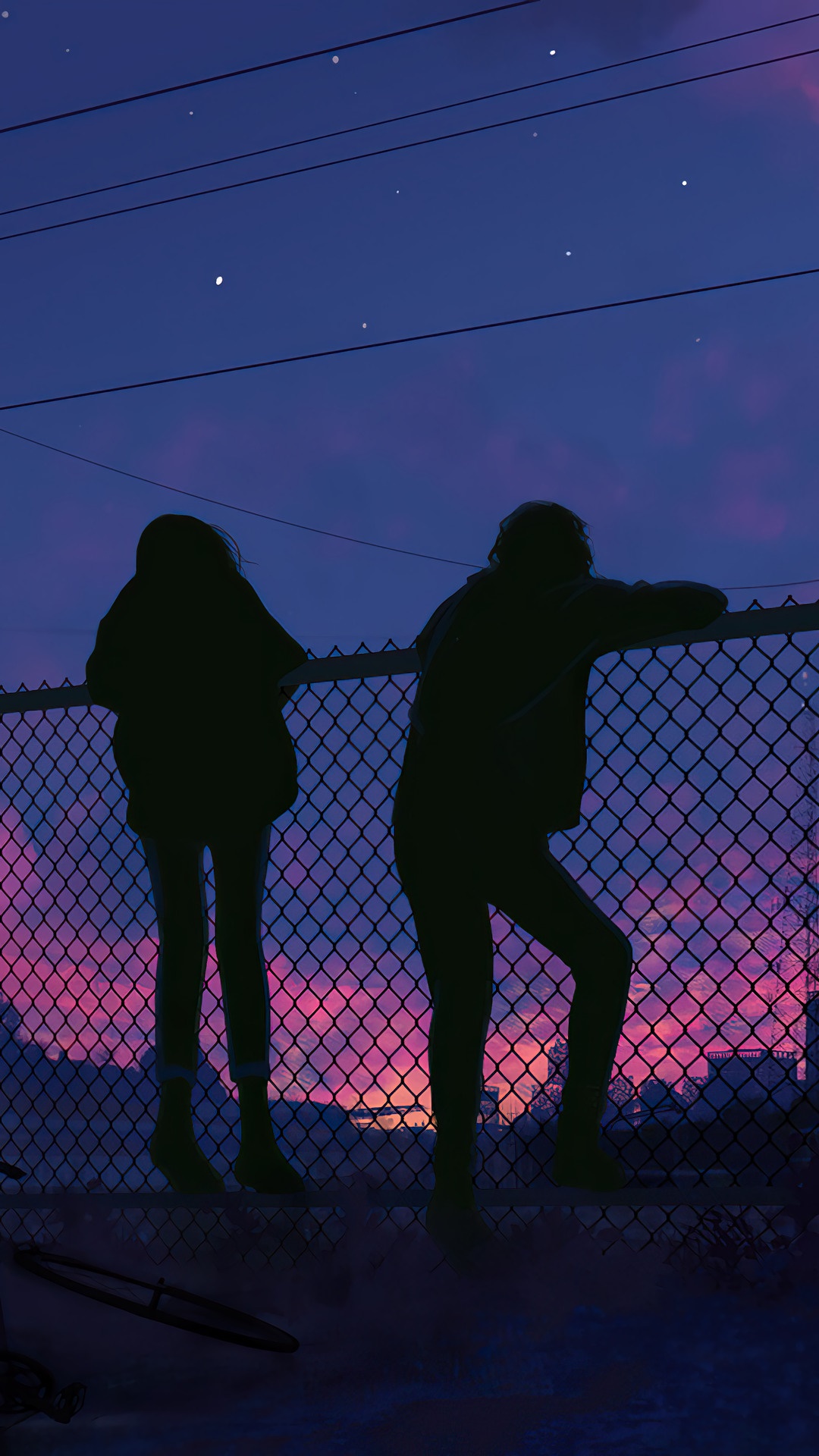 Two Silhouettes Leaning on a Fence at Dusk HD Phone Wallpaper