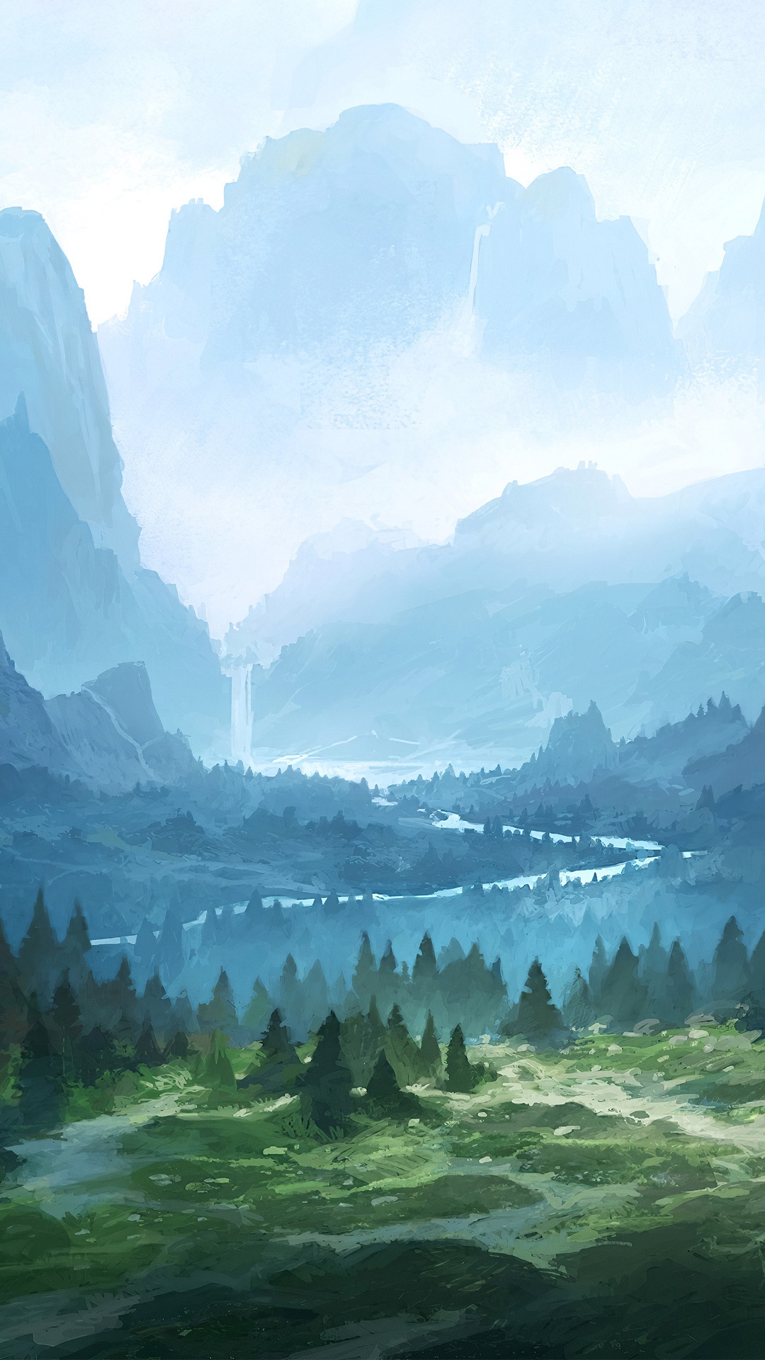 Misty Mountains and Forest Landscape Digital Art HD Phone Wallpaper