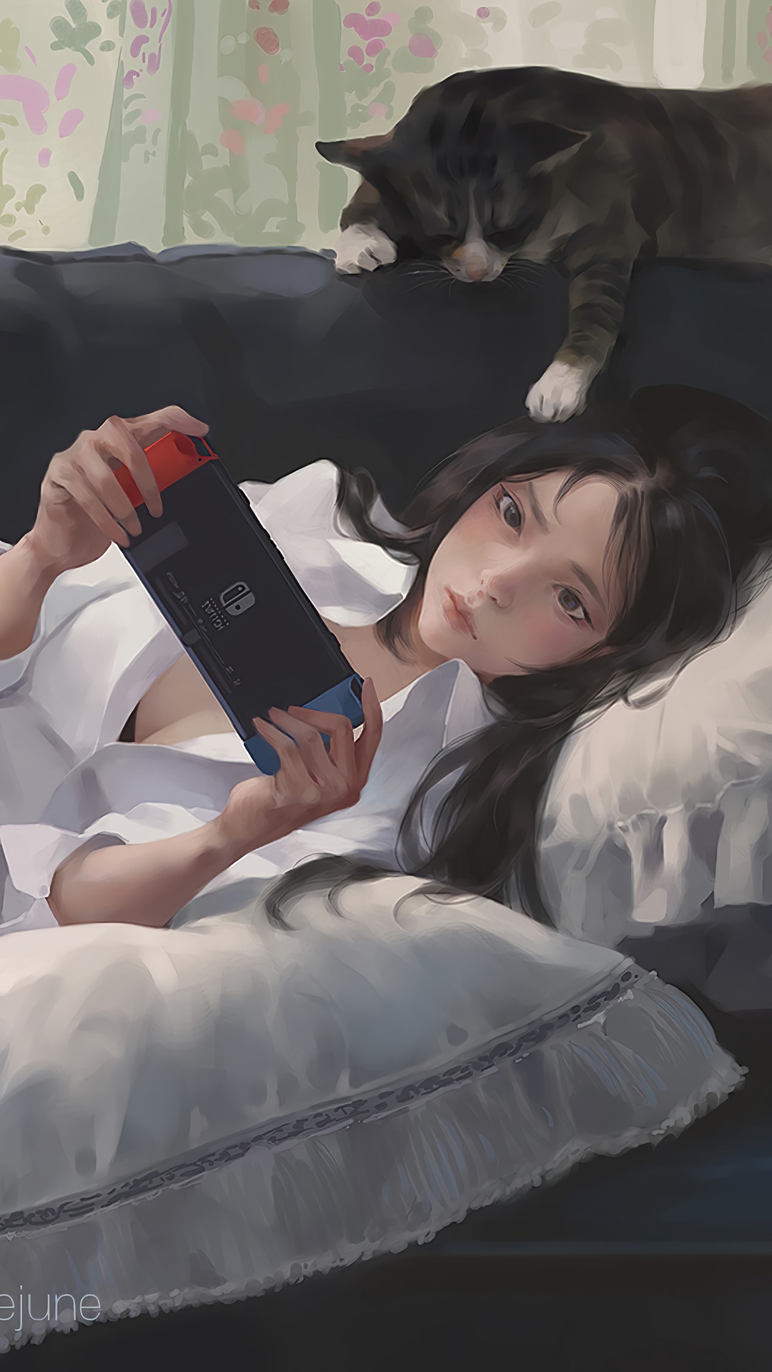 Girl playing Nintendo Switch with cat on couch HD Phone Wallpaper