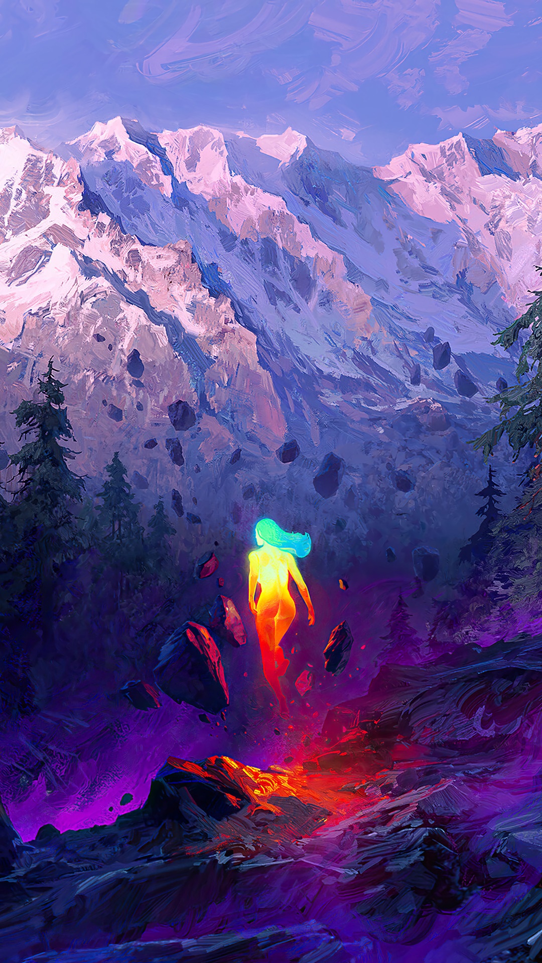 Floating figure in a mystical mountain landscape HD Phone Wallpaper