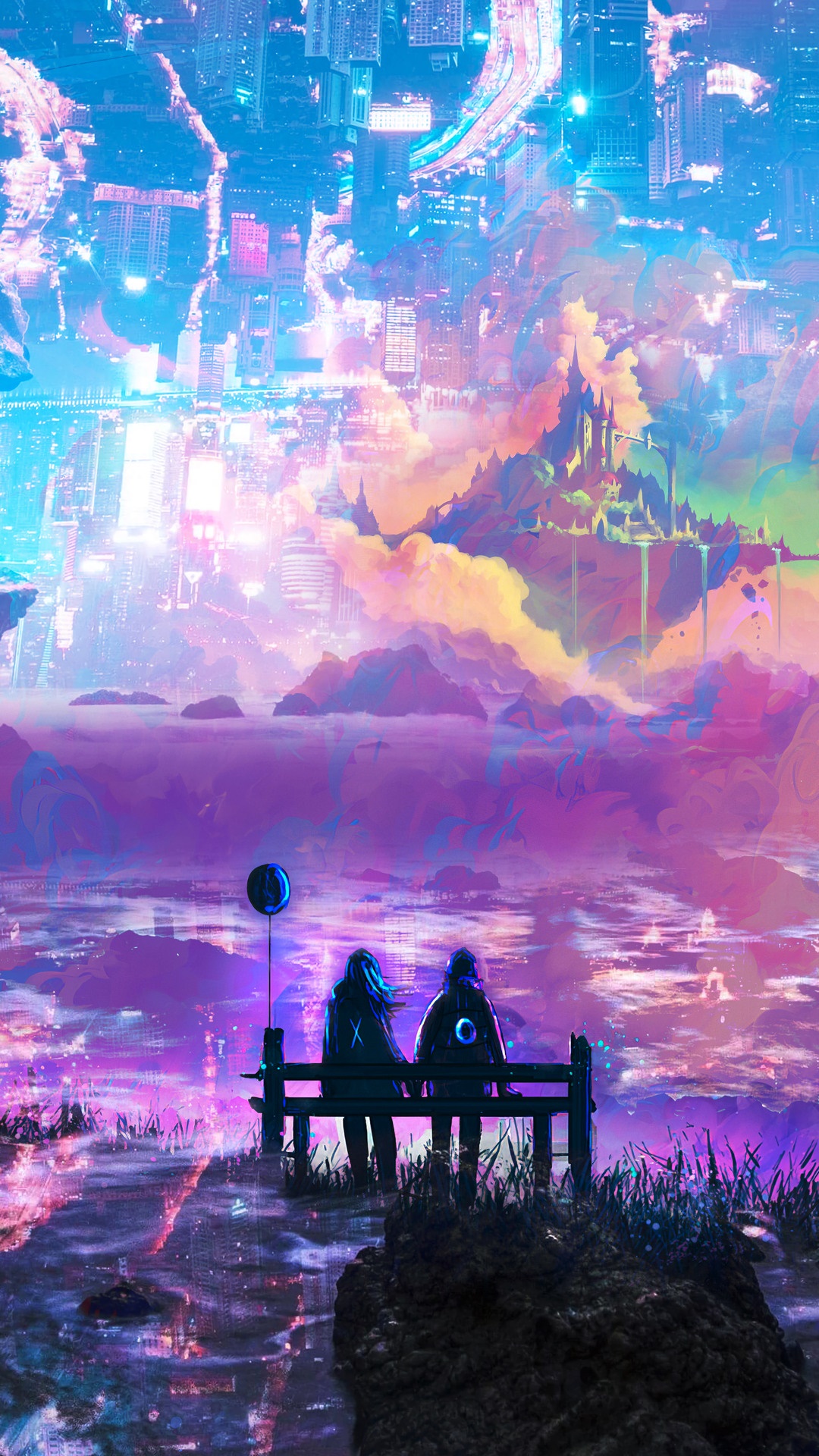 Couple on a bench overlooking a fantasy cityscape HD Phone Wallpaper
