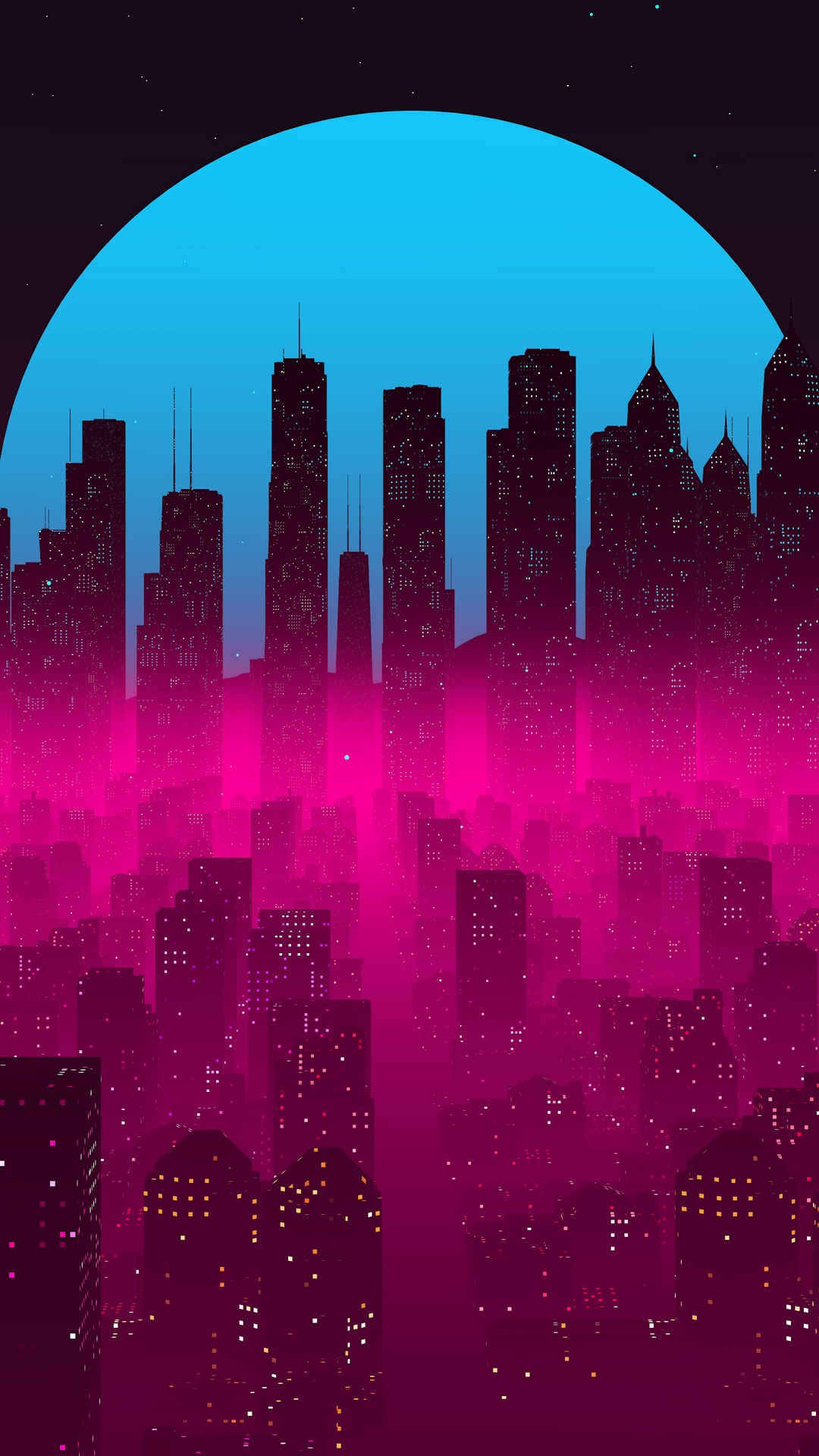 Digital art of a neon city skyline at night HD Phone Wallpaper