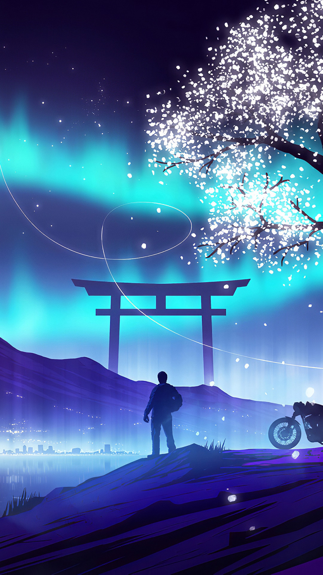Man with motorcycle and torii gate under aurora HD Phone Wallpaper