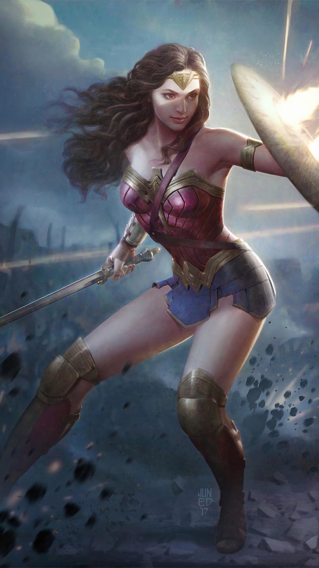 Wonder Woman from DC Comics holding a sword and shield HD Phone Wallpaper