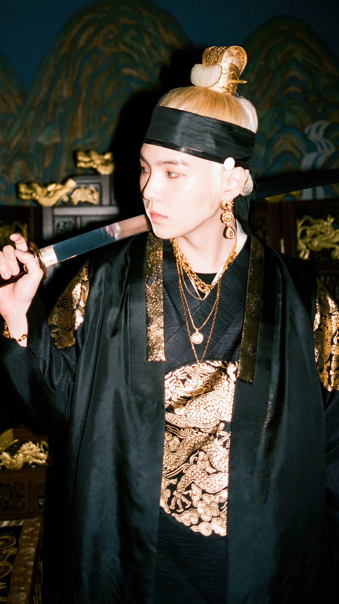 Suga as Agust D holding a sword HD Phone Wallpaper