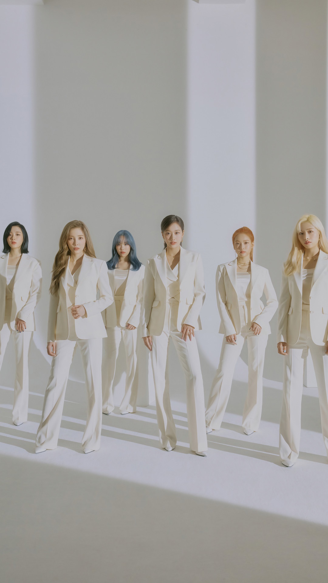 April Kpop group members in white suits HD Phone Wallpaper