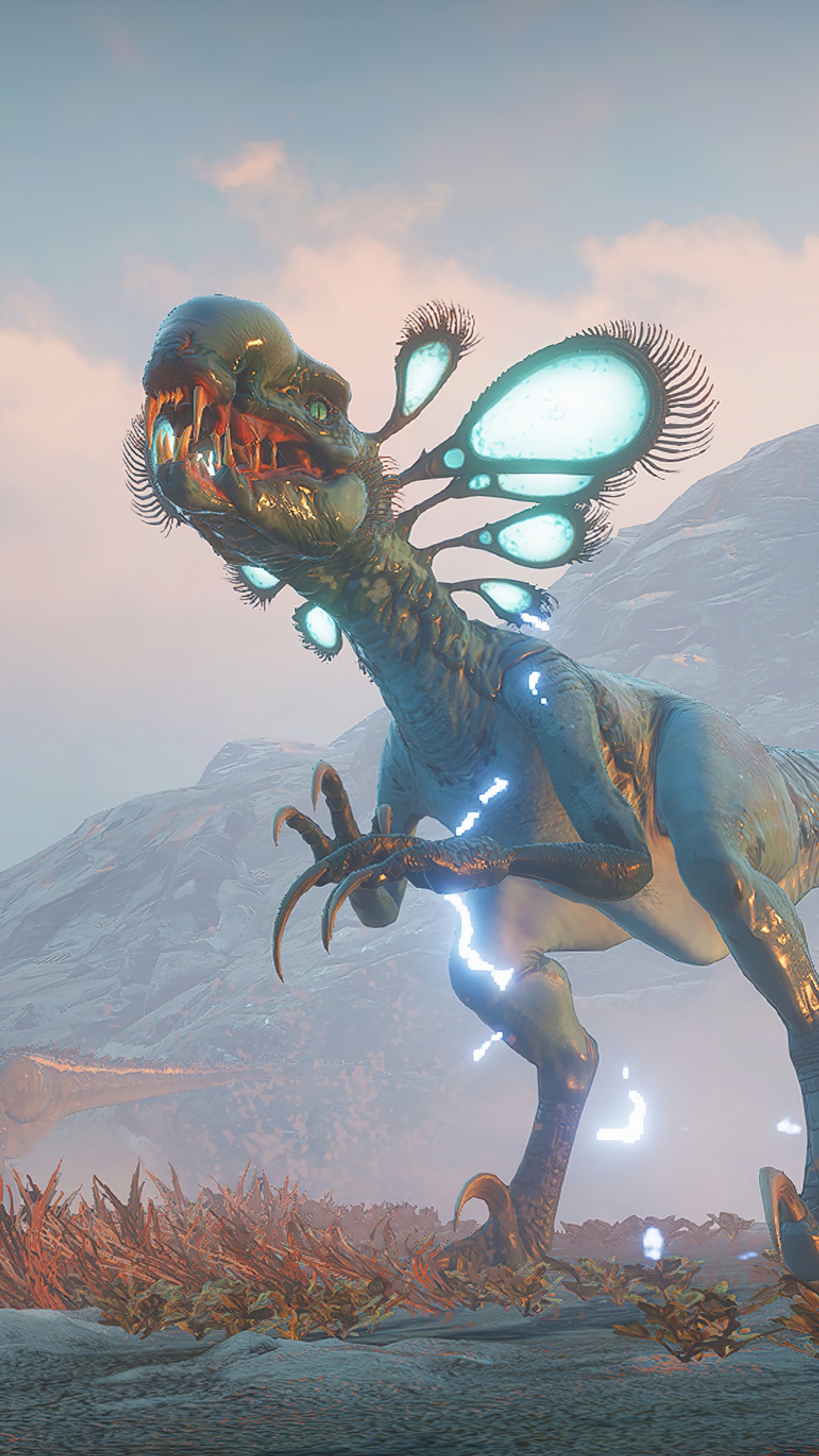 Second Extinction Dinosaur with glowing head appendages HD Phone Wallpaper