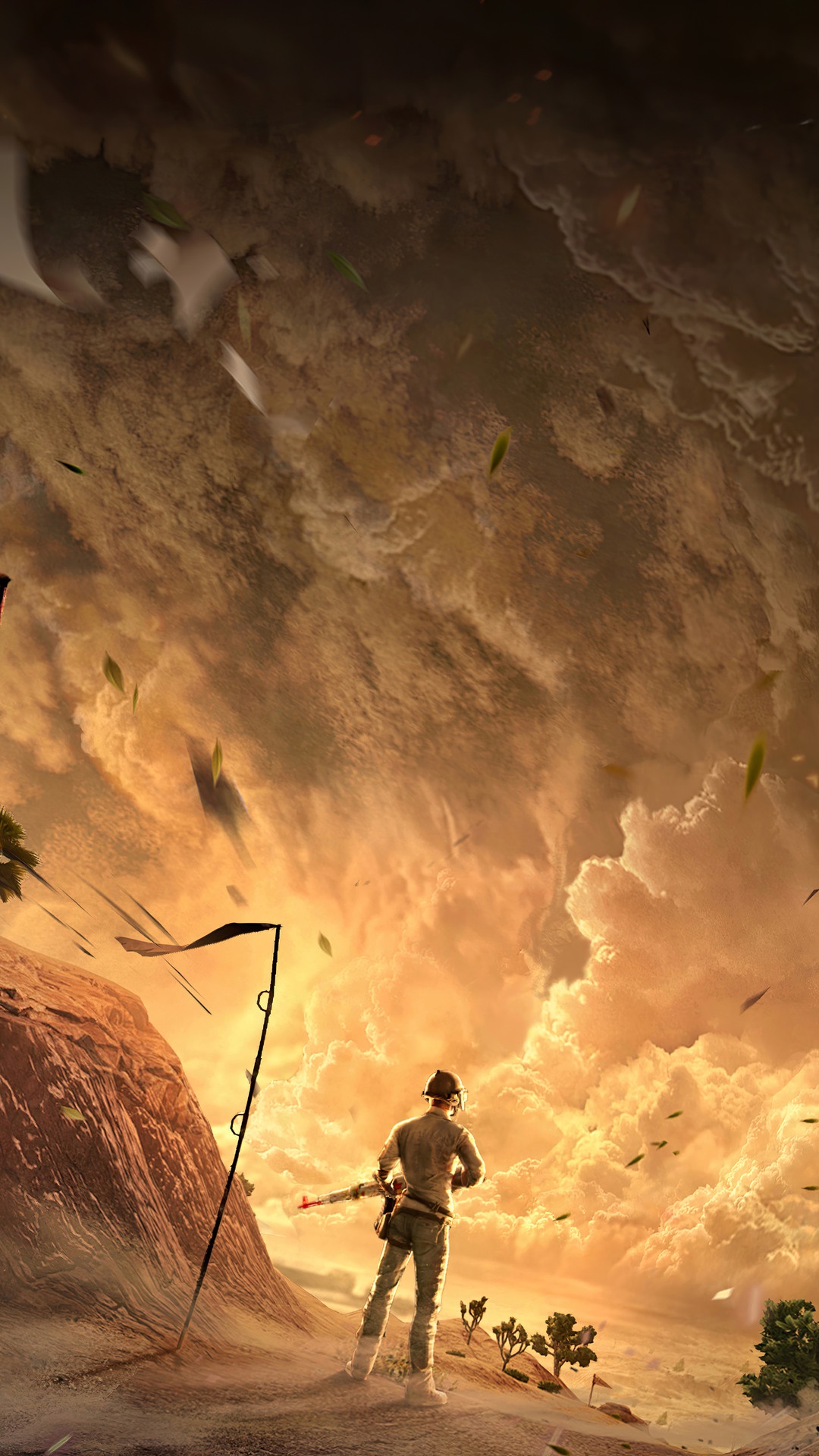 Player in PUBG Mobile during a sandstorm in Mad Miramar HD Phone Wallpaper