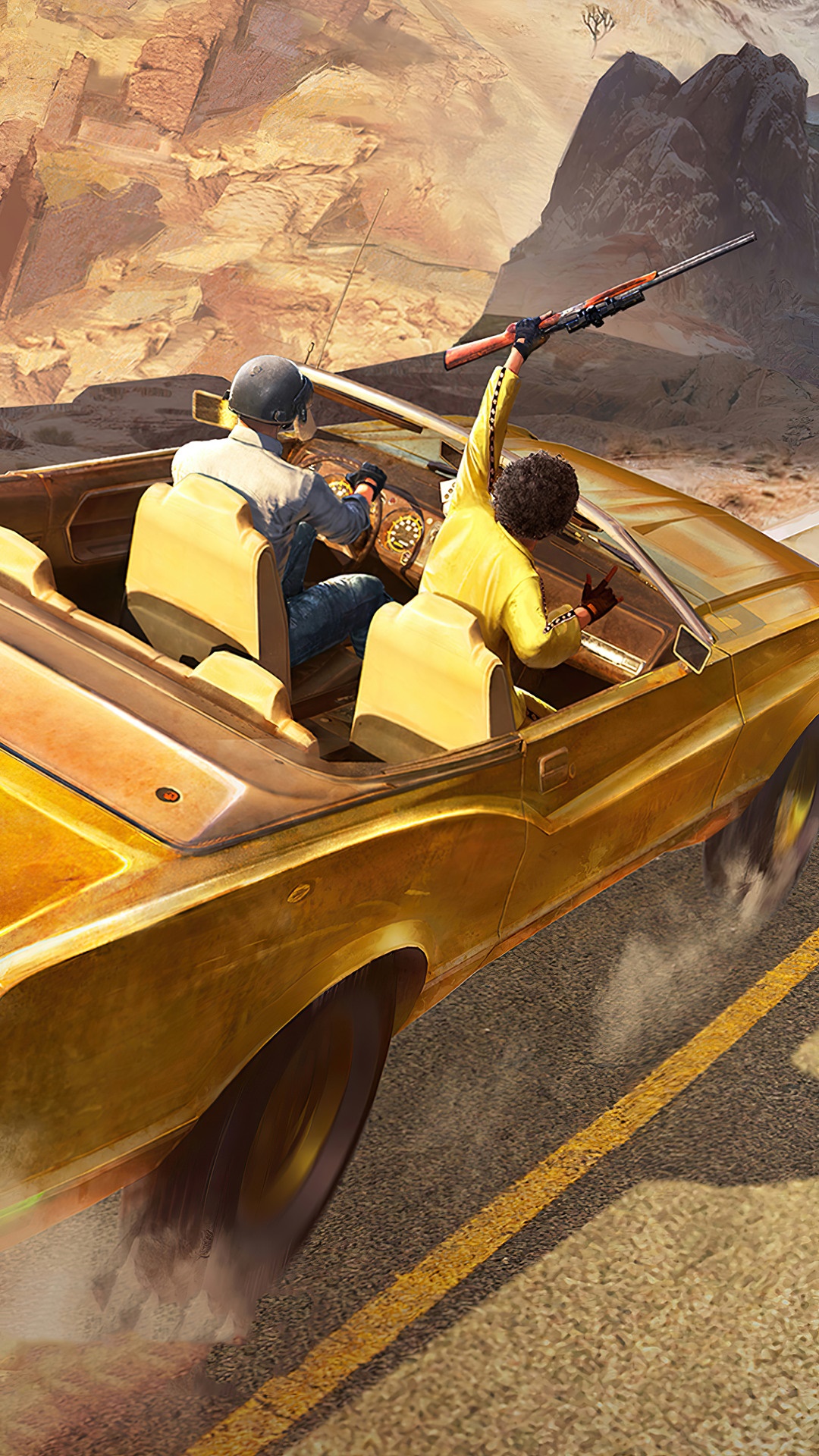 PUBG Mobile: Two players in a golden convertible driving through a desert. HD Phone Wallpaper