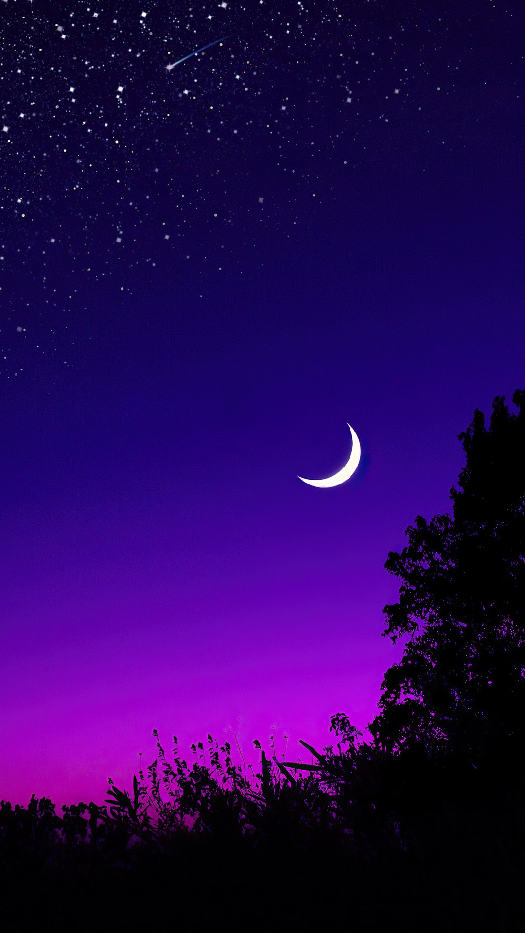Crescent moon in a starry night sky over silhouetted landscape HD Phone Wallpaper