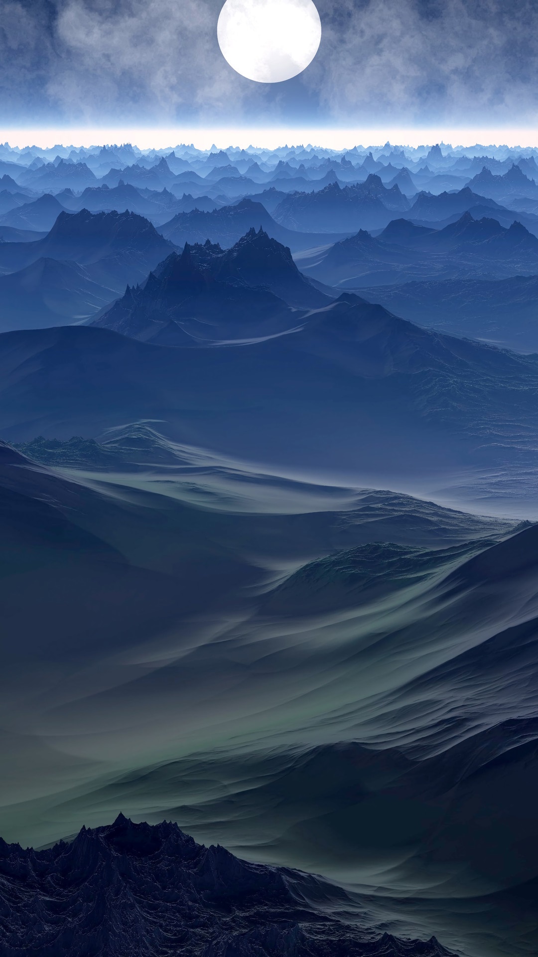 Fantasy landscape with mountains and moon HD Phone Wallpaper