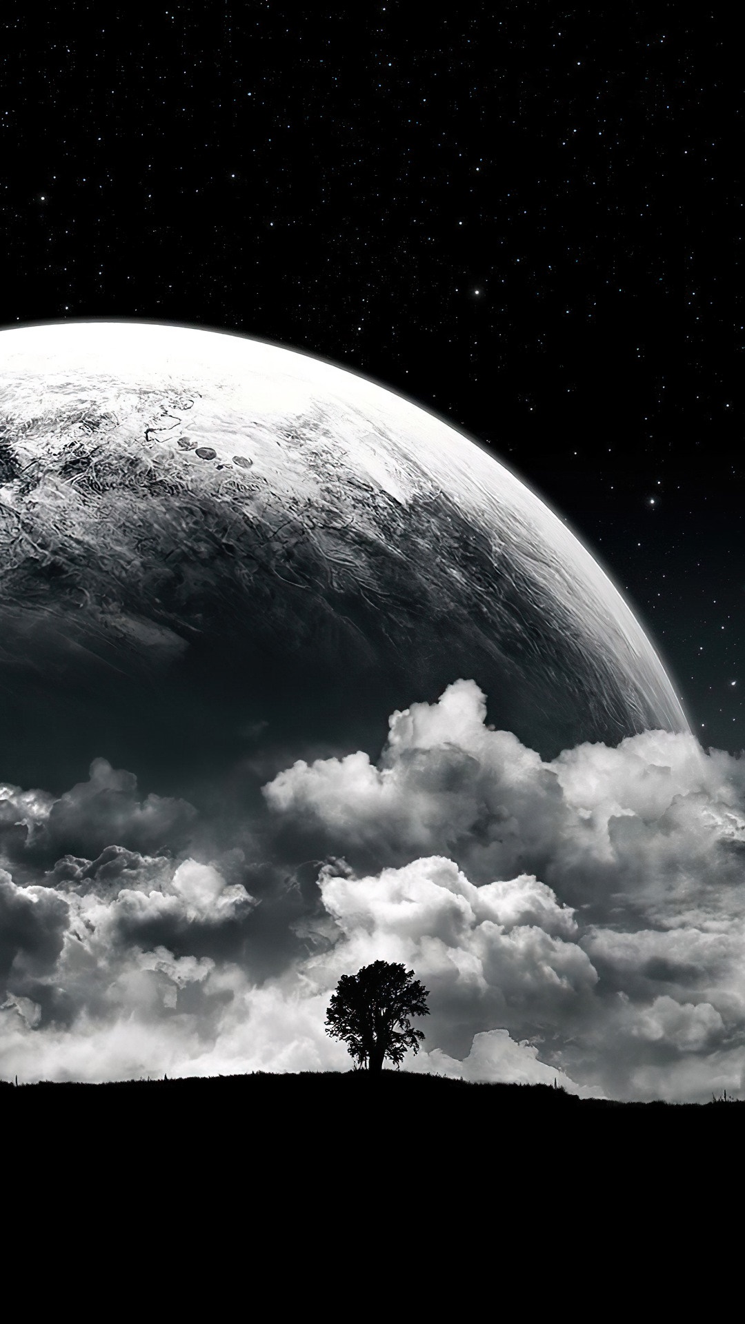 A lone tree on a hill under a large moon HD Phone Wallpaper