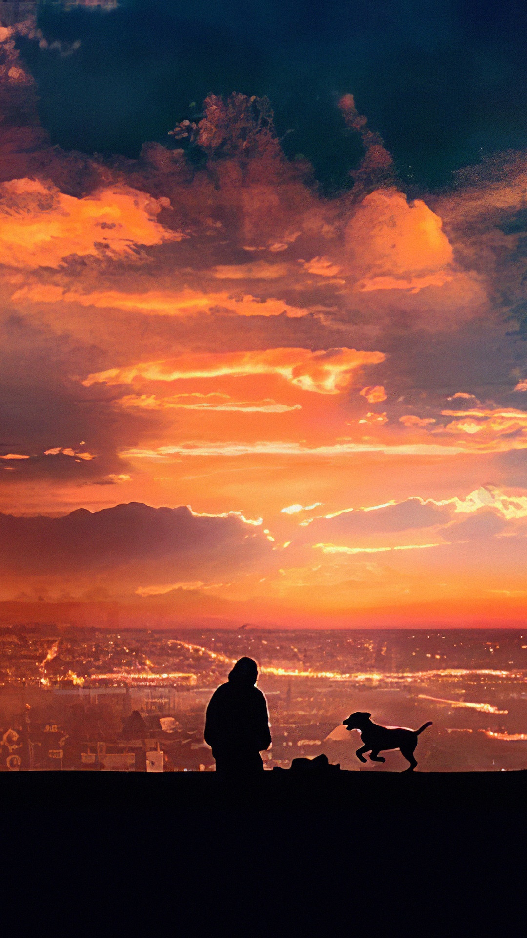 Silhouette of a person and dog against a sunset over a city HD Phone Wallpaper