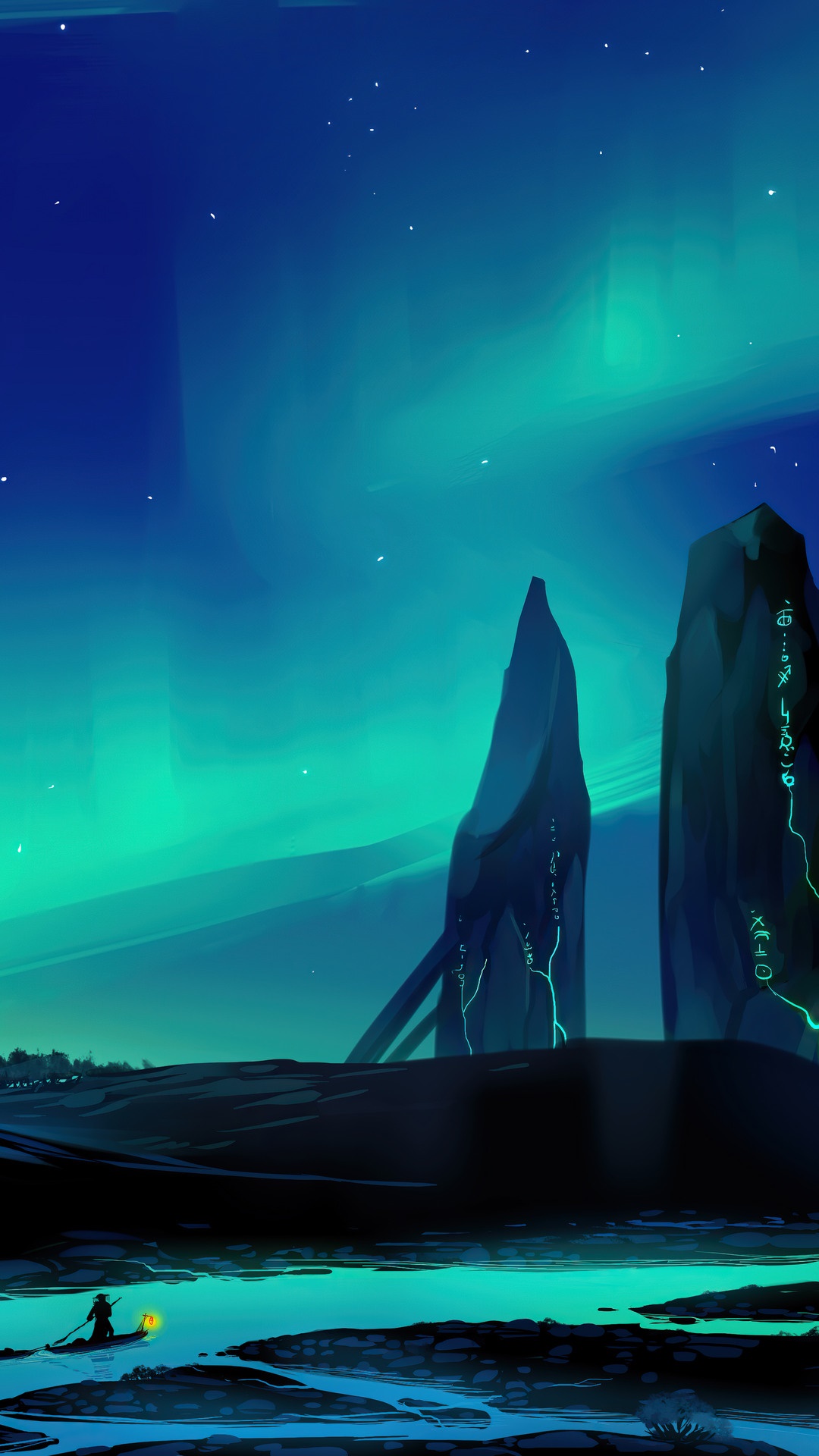 Night sky with aurora borealis over stone monoliths HD Phone Wallpaper