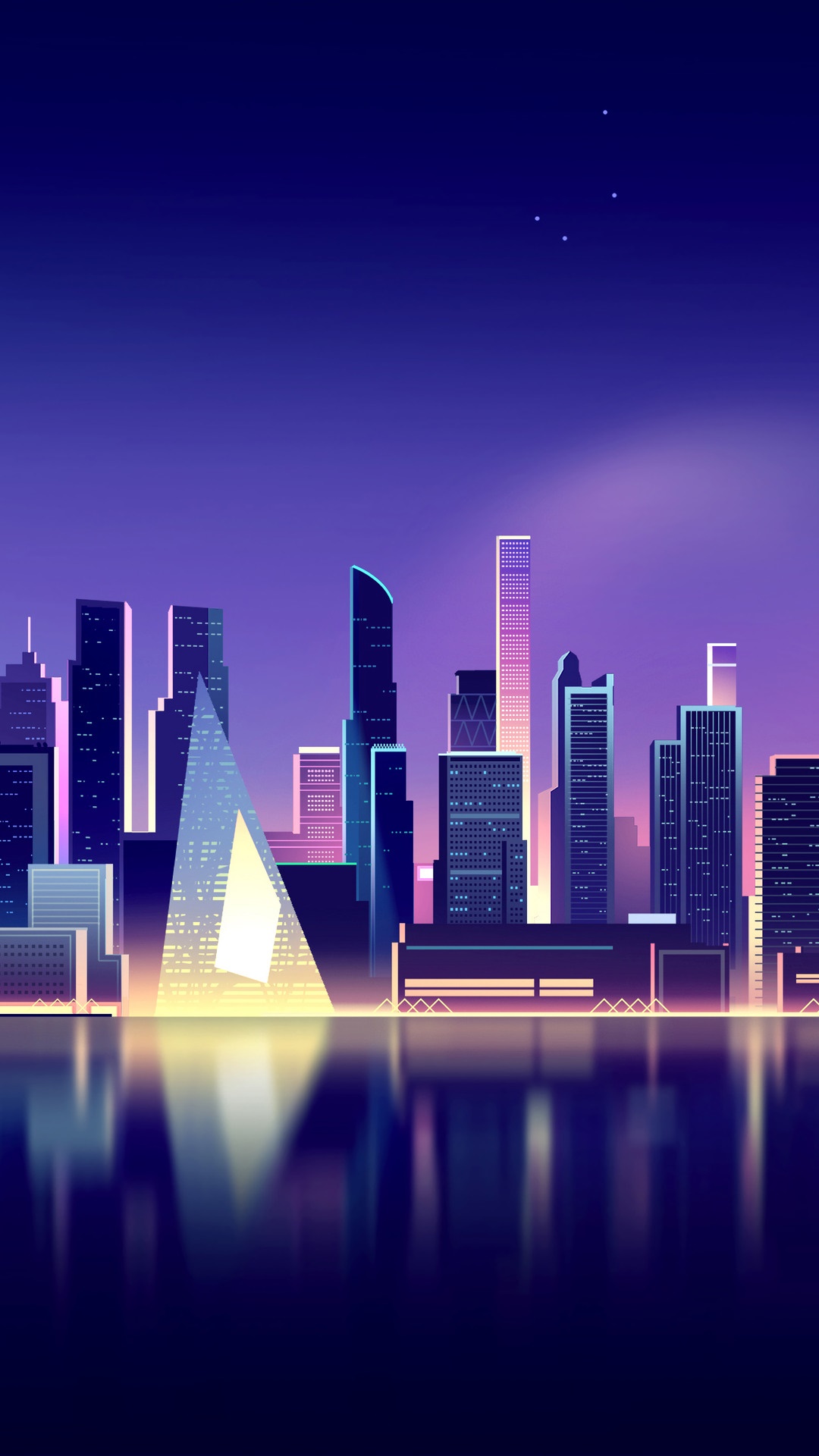 Neon City Skyline at Night with Reflections HD Phone Wallpaper