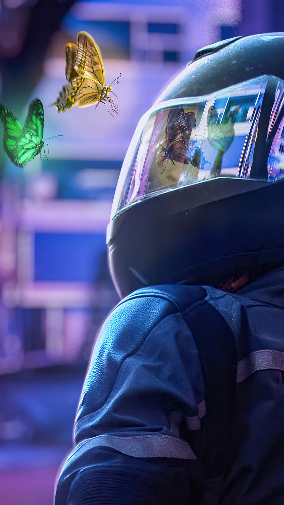 Biker with Butterflies on Helmet HD Phone Wallpaper