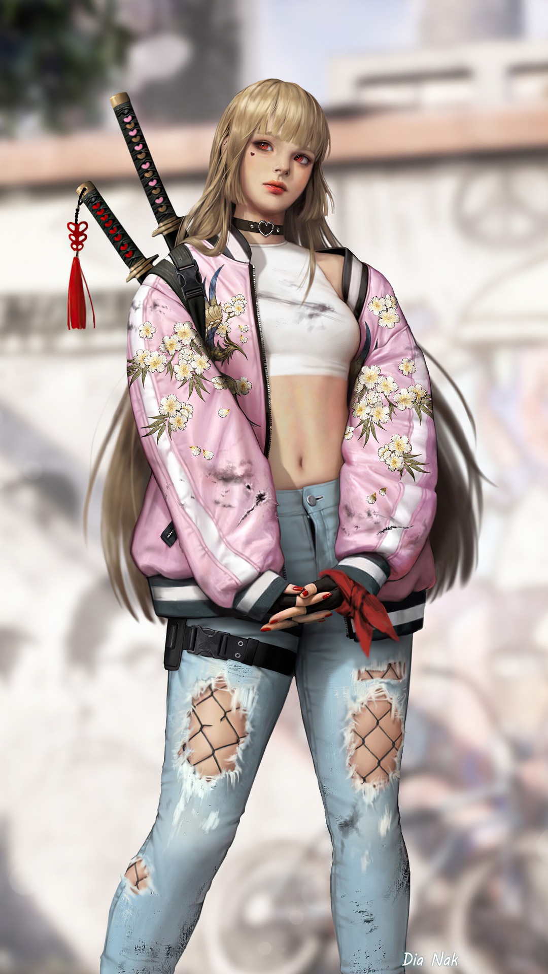 Anime girl with blonde hair and katanas HD Phone Wallpaper