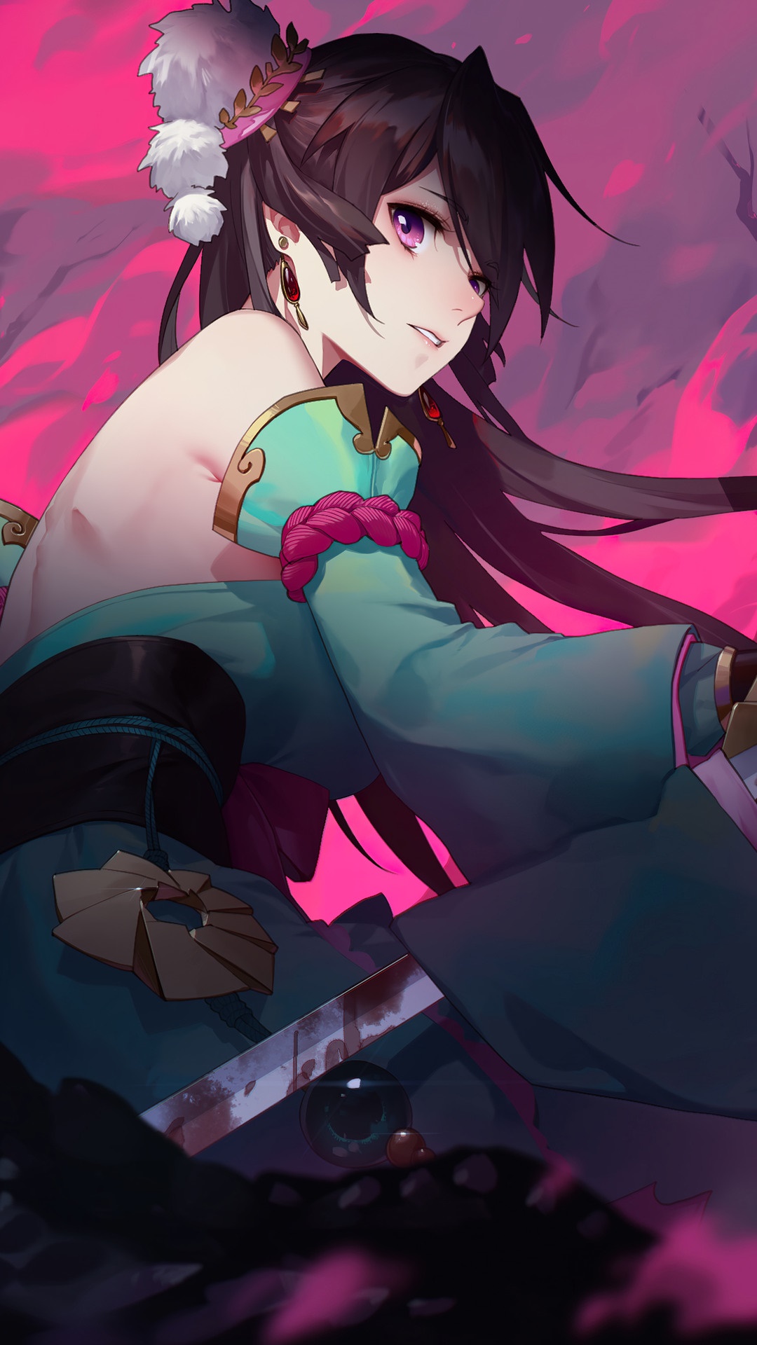 Anime fantasy warrior girl with katana HD Phone Wallpaper