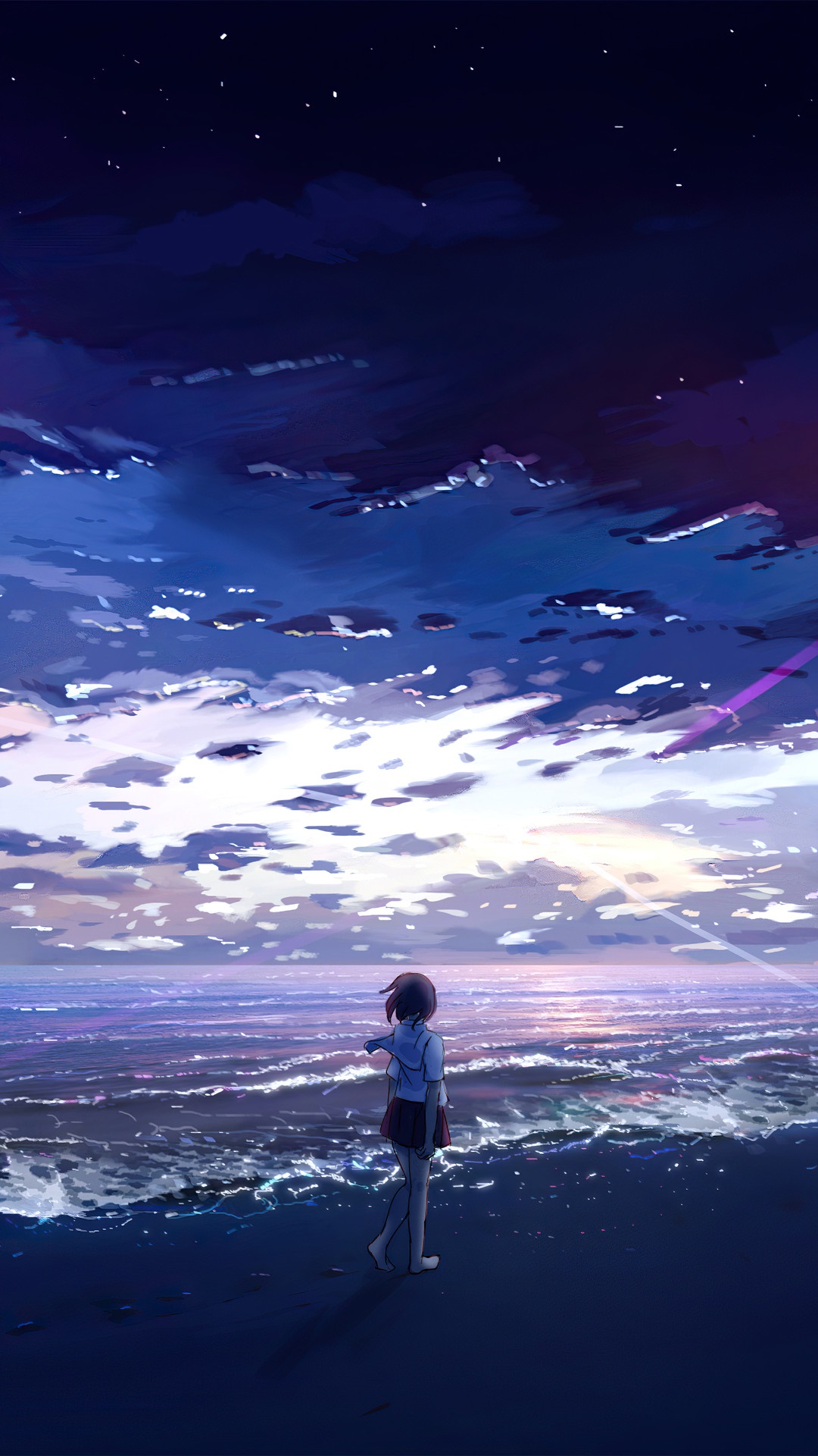 Anime girl on a beach at sunset HD Phone Wallpaper