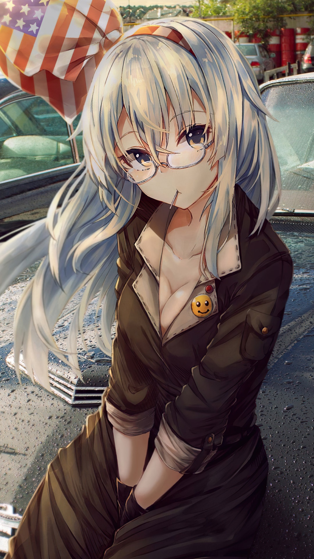 Anime girl with glasses and American flag HD Phone Wallpaper