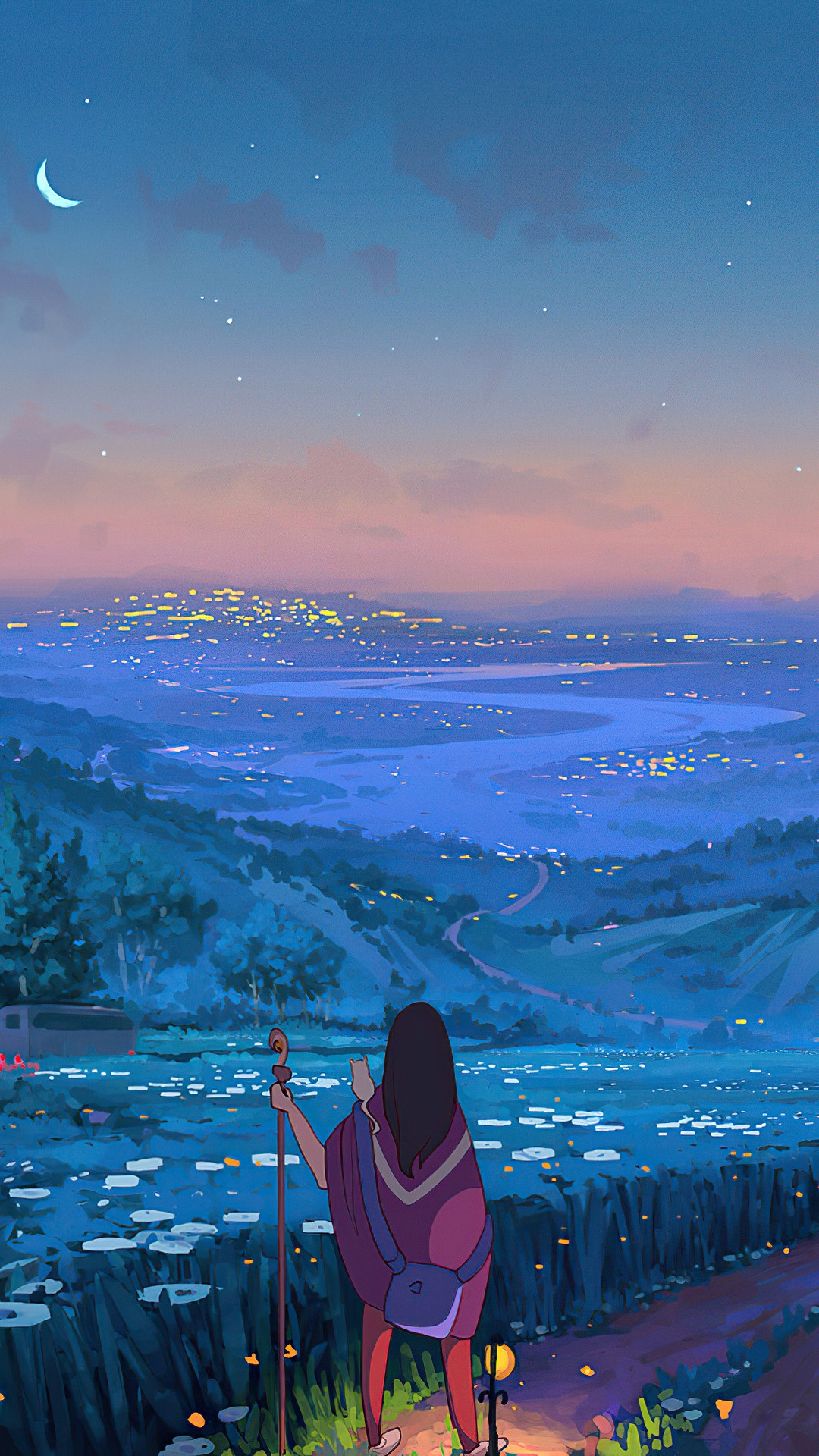 Anime girl with staff overlooking a city at dusk HD Phone Wallpaper