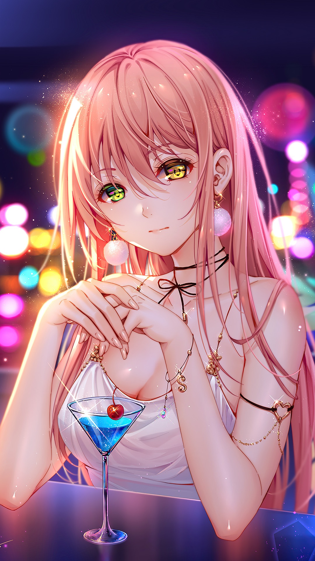 Anime girl with pink hair and green eyes at a bar HD Phone Wallpaper