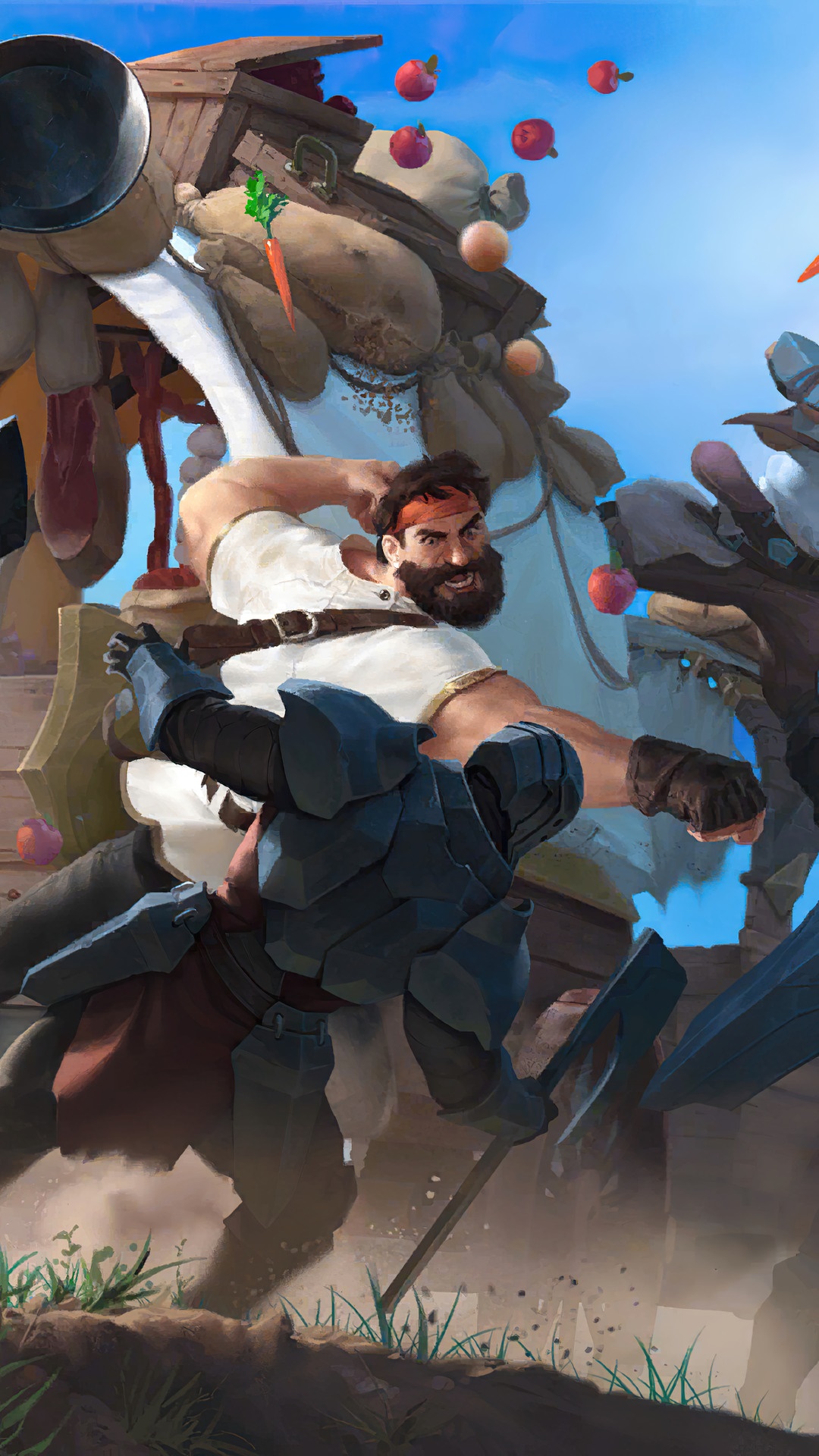 Man in white shirt fighting a knight in armor HD Phone Wallpaper