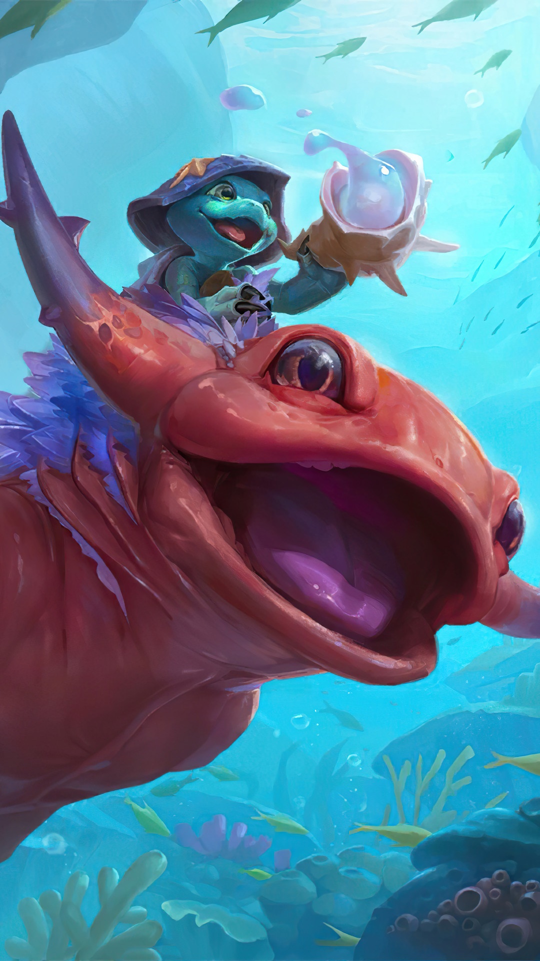 A turtle riding a red sea creature in Legends of Runeterra HD Phone Wallpaper