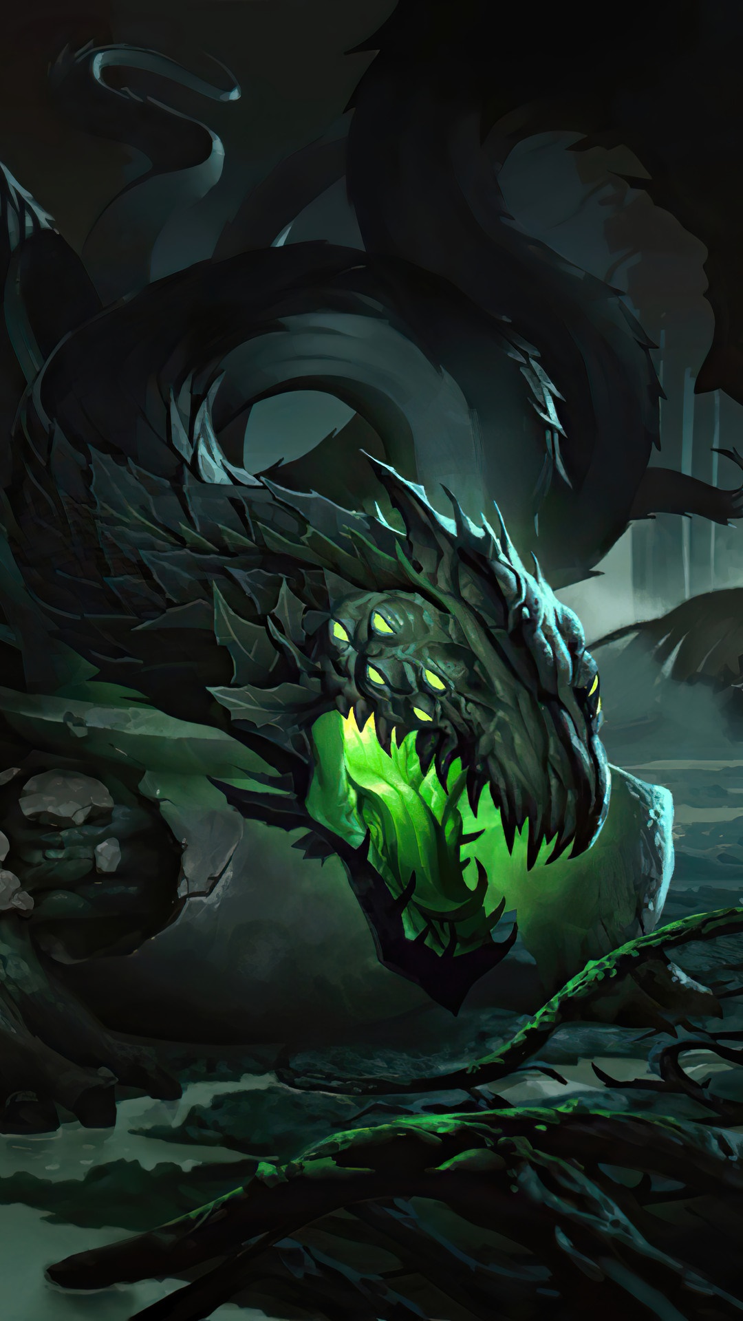 A dark dragon with glowing green eyes and mouth from Legends of Runeterra HD Phone Wallpaper