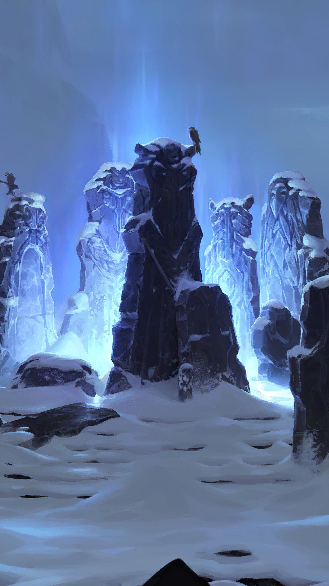 Legends of Runeterra snowy landscape with stone monoliths HD Phone Wallpaper