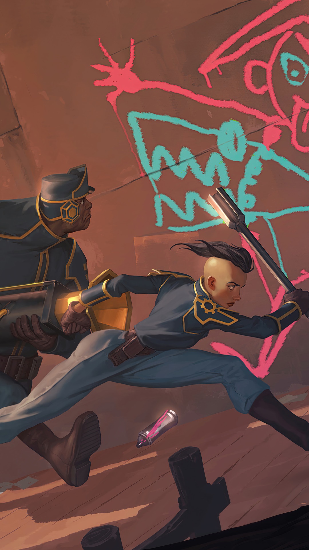 Two officers running past graffiti in Legends of Runeterra HD Phone Wallpaper
