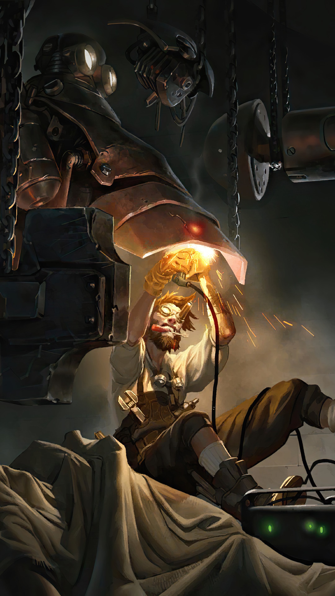 Mechanic welding a large robotic arm in Legends of Runeterra HD Phone Wallpaper