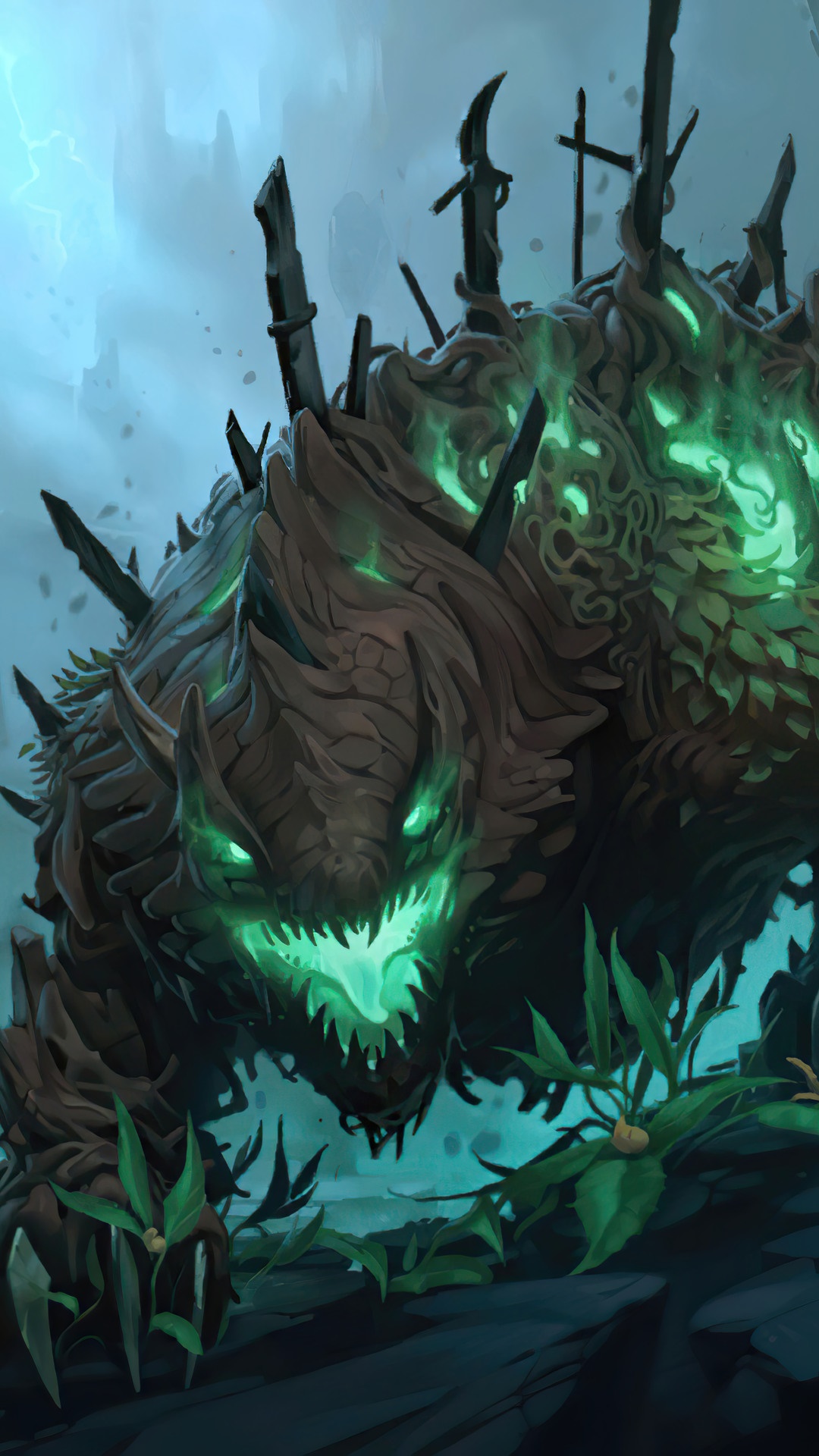 A monstrous creature with glowing green eyes and wooden armor HD Phone Wallpaper
