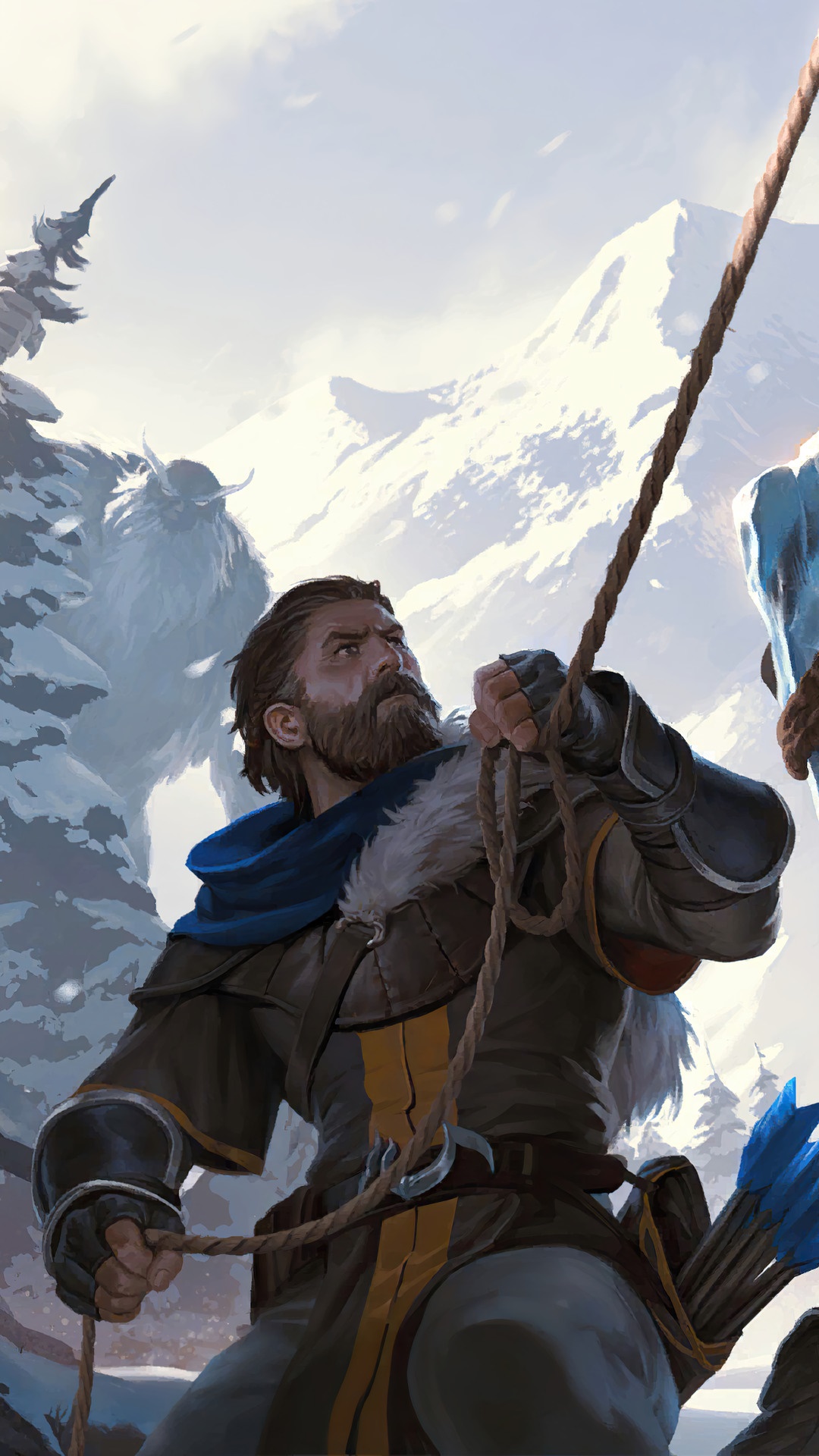 Man climbing rope in snowy mountains with yeti HD Phone Wallpaper