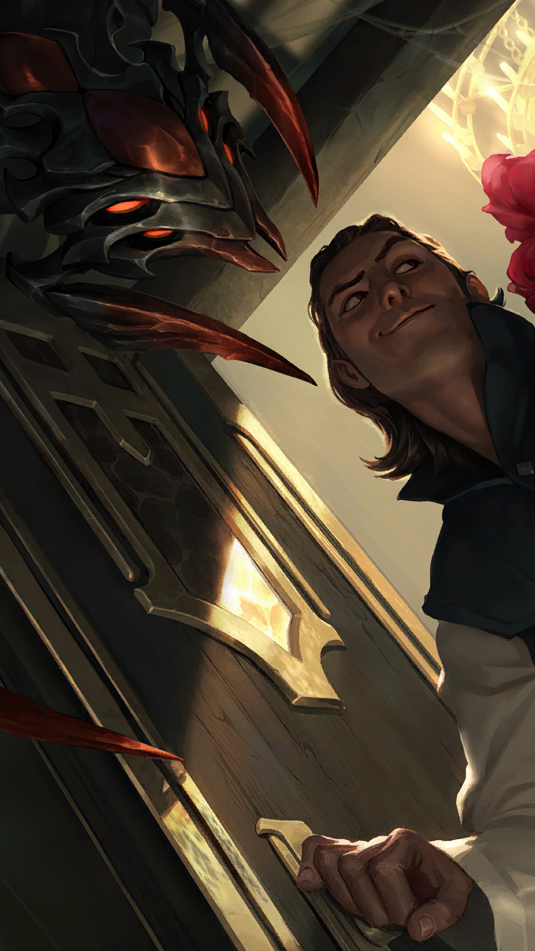 A creature and a man by a door in Legends of Runeterra HD Phone Wallpaper