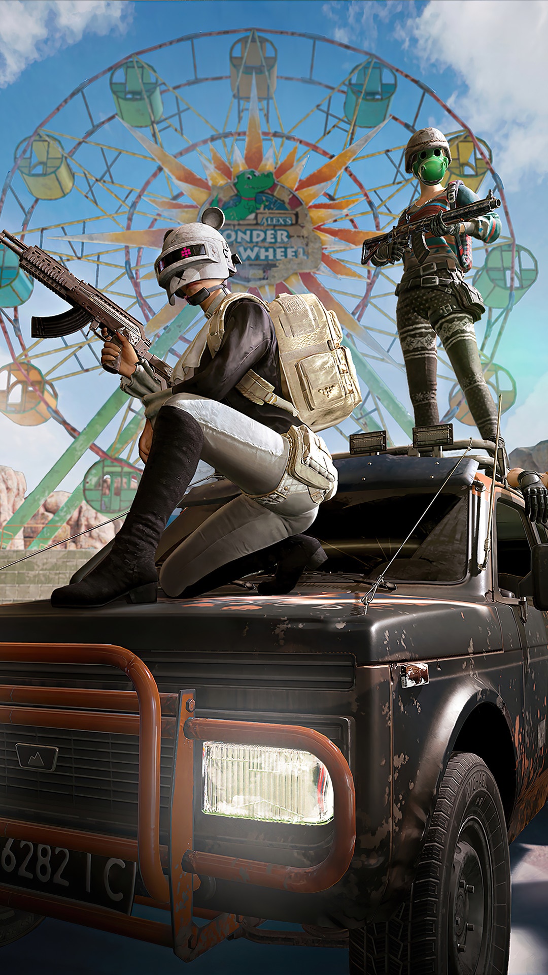 PUBG characters on a car with a Ferris wheel HD Phone Wallpaper
