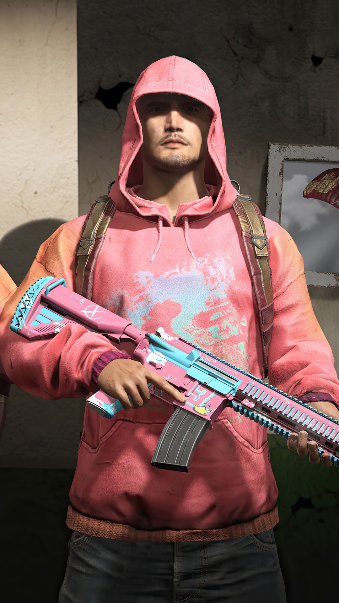 Player holding a pink and blue assault rifle in PUBG HD Phone Wallpaper