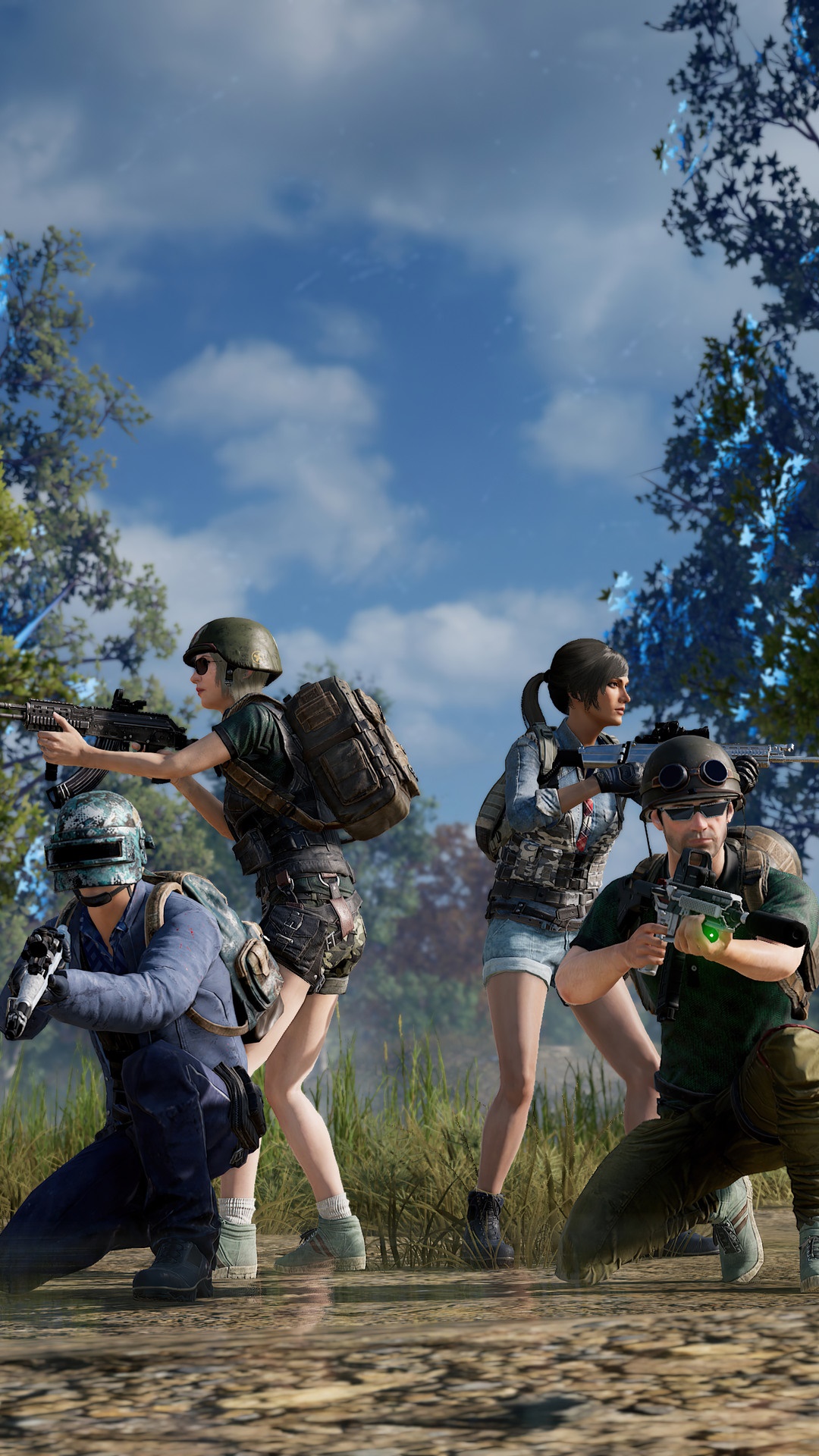 Four players in PUBG holding weapons in a forest HD Phone Wallpaper