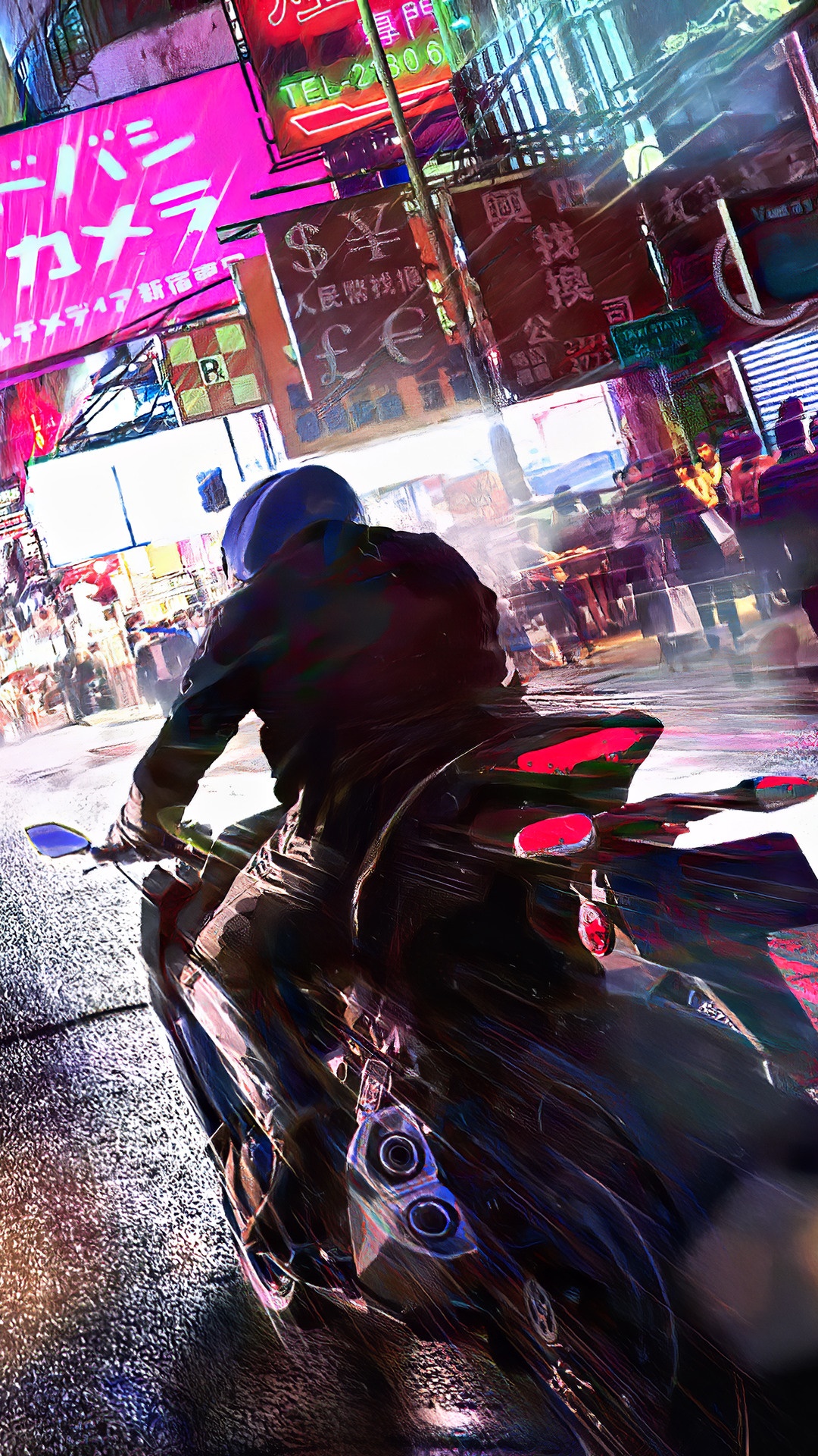 Motorcyclist in a Neon City at Night HD Phone Wallpaper