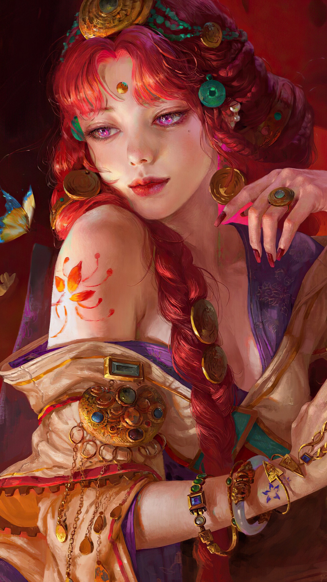 Fantasy girl with red hair and ornate jewelry HD Phone Wallpaper