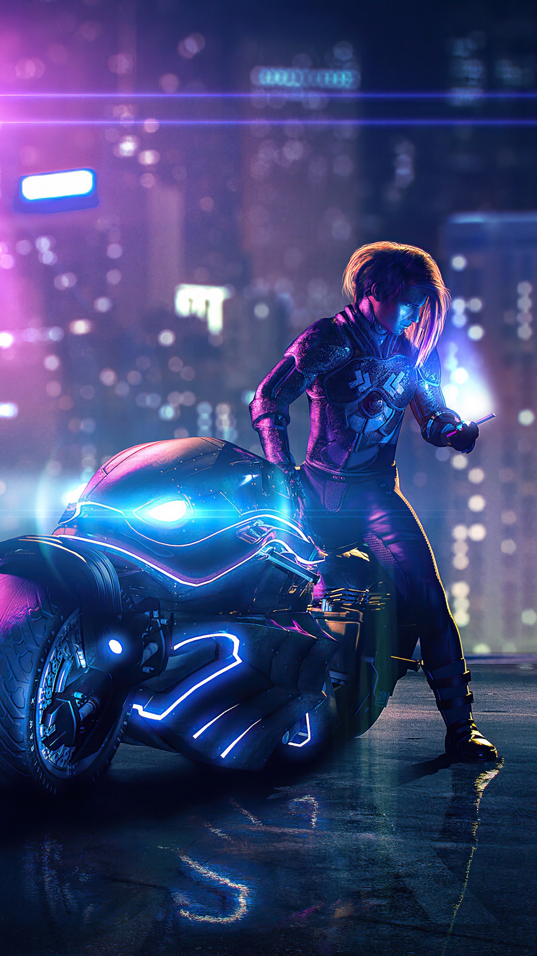 Cyberpunk character with neon motorcycle in city HD Phone Wallpaper