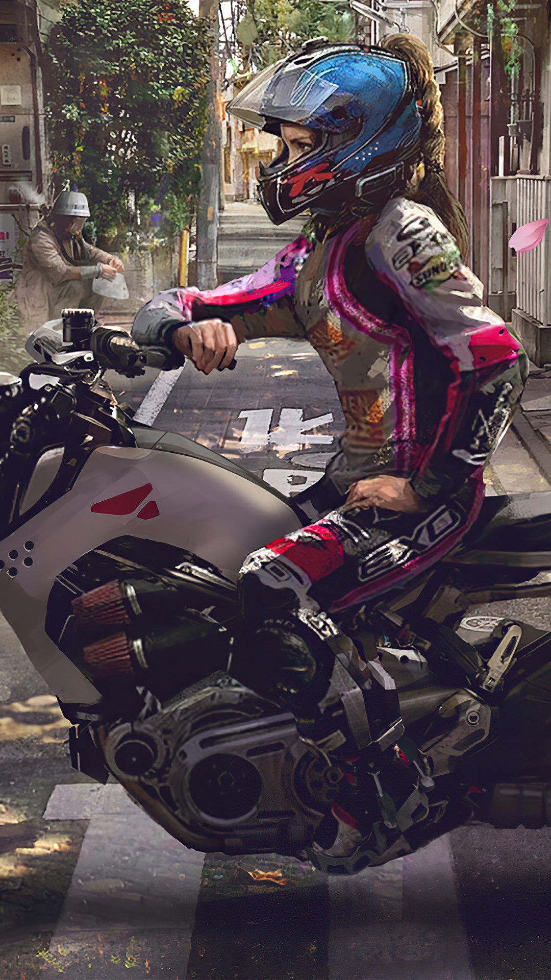 Woman in cyberpunk motorcycle gear on a futuristic motorcycle HD Phone Wallpaper