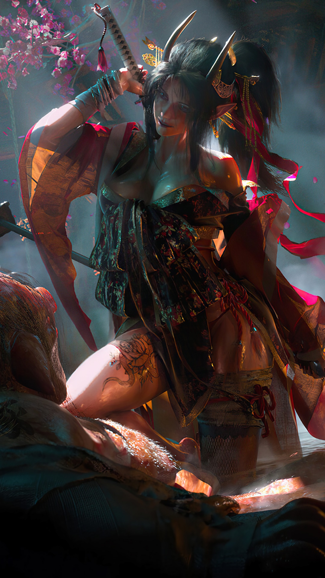 Oni woman with katana over defeated foe HD Phone Wallpaper