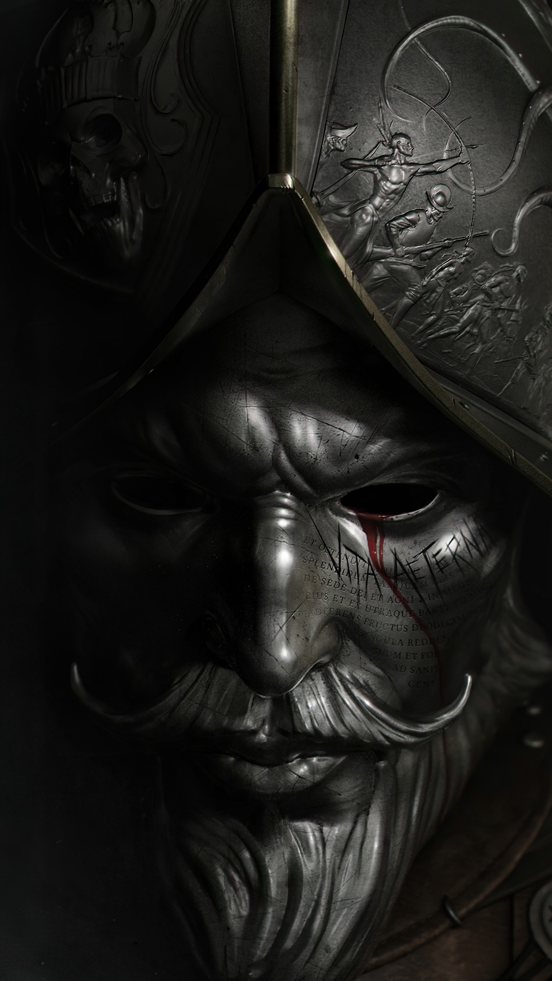Close-up of a New World video game character's helmet HD Phone Wallpaper