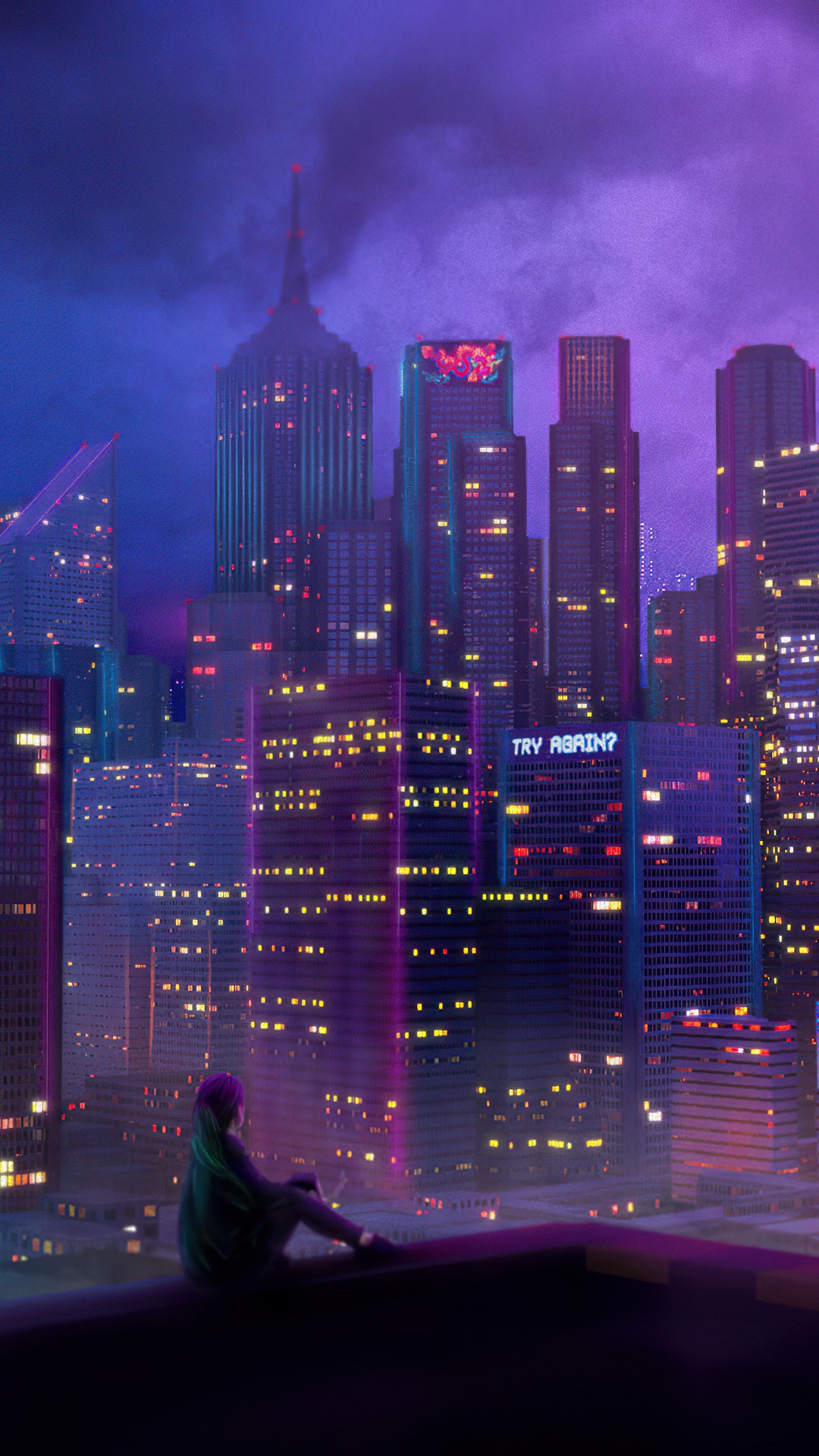 Person sitting on a rooftop overlooking a neon city at night HD Phone Wallpaper