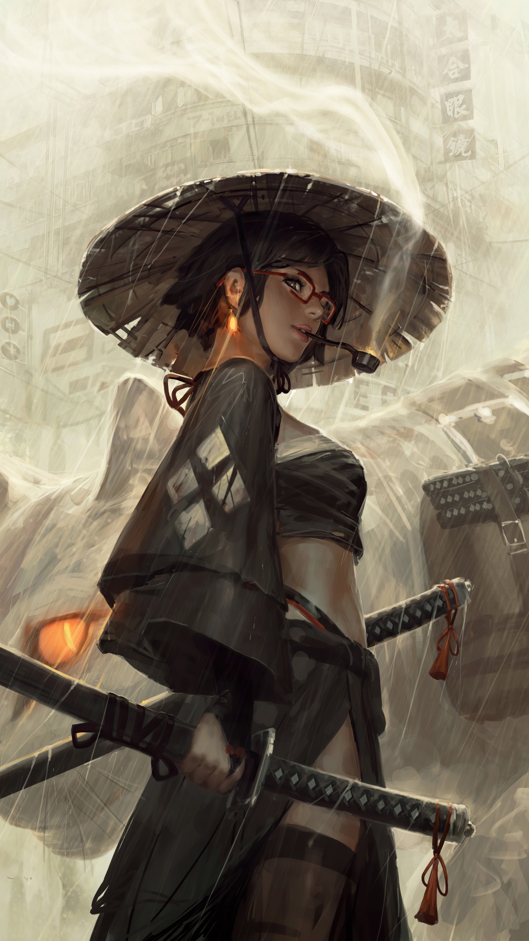 Samurai woman with swords and hat smoking HD Phone Wallpaper