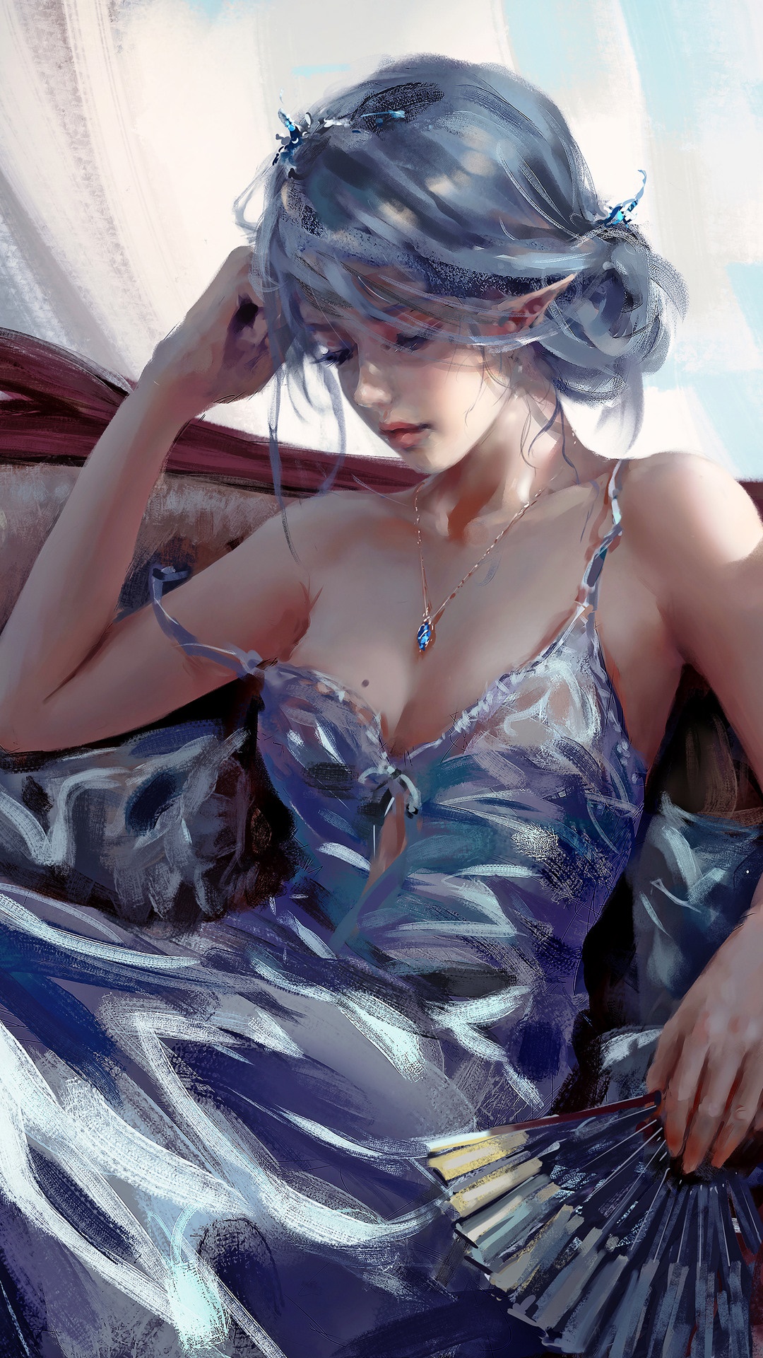 Elf girl in a blue dress holding a fan HD Phone Wallpaper