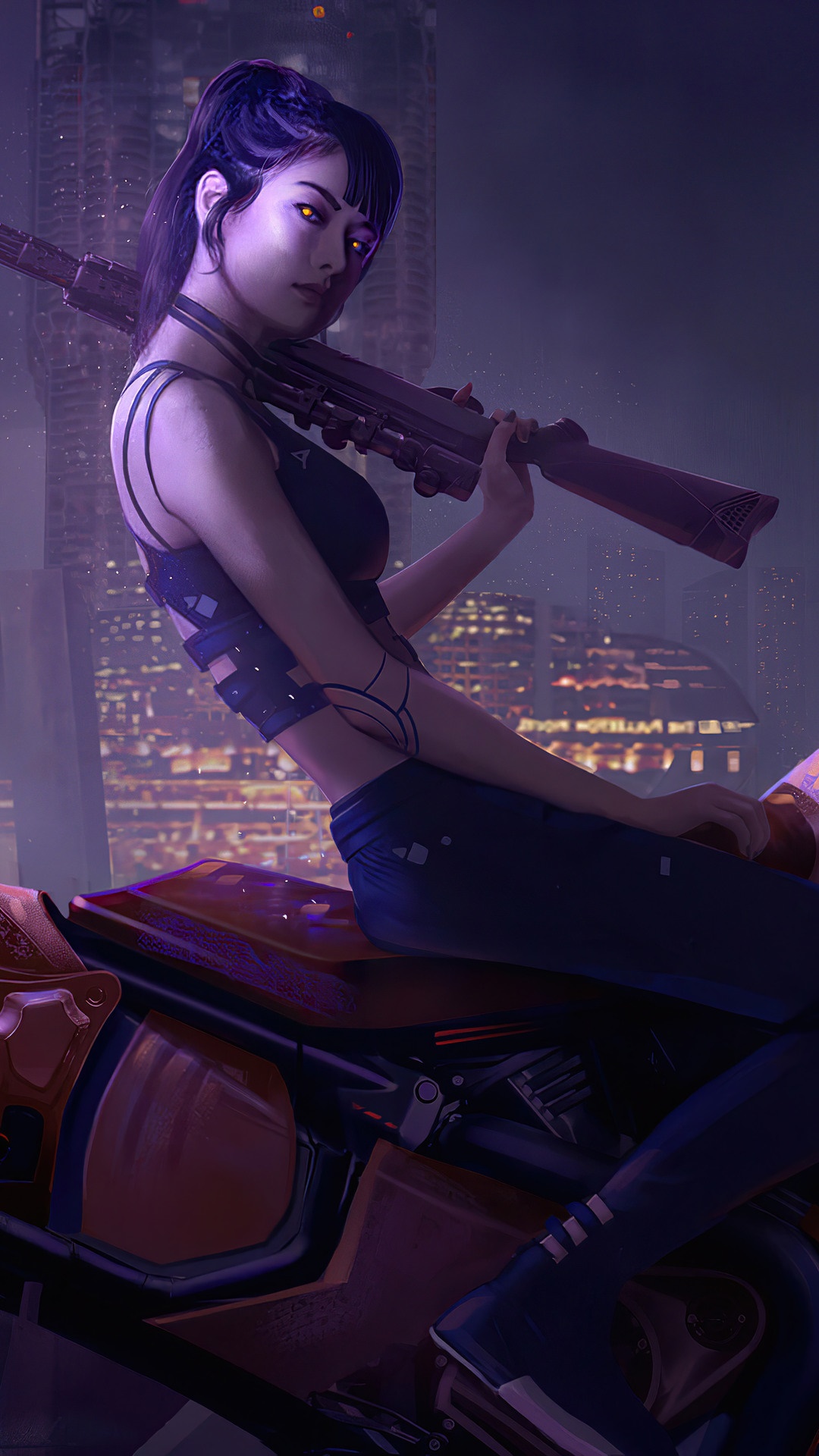 Cyberpunk girl with a rifle on a motorcycle HD Phone Wallpaper